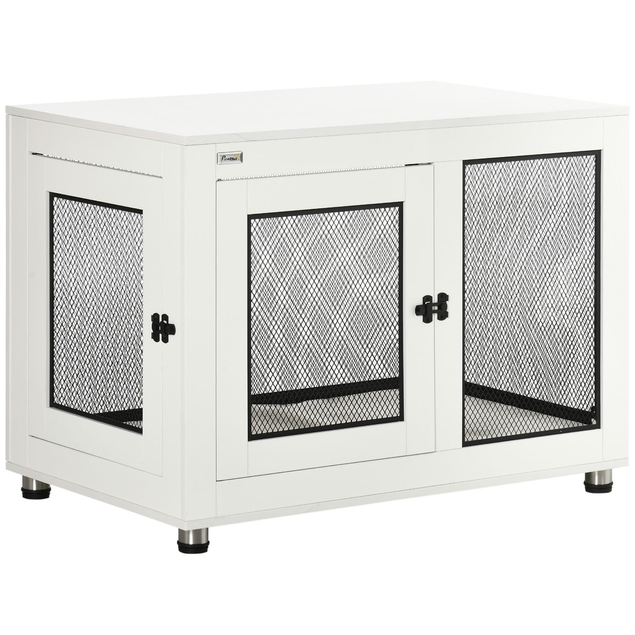 Voir la diapositive 1 : PAWHUT Cage pour chien sur pied style industriel - 2 portes verrouillables, coussin inclus - acier maillé noir panneaux aspect bois blanc