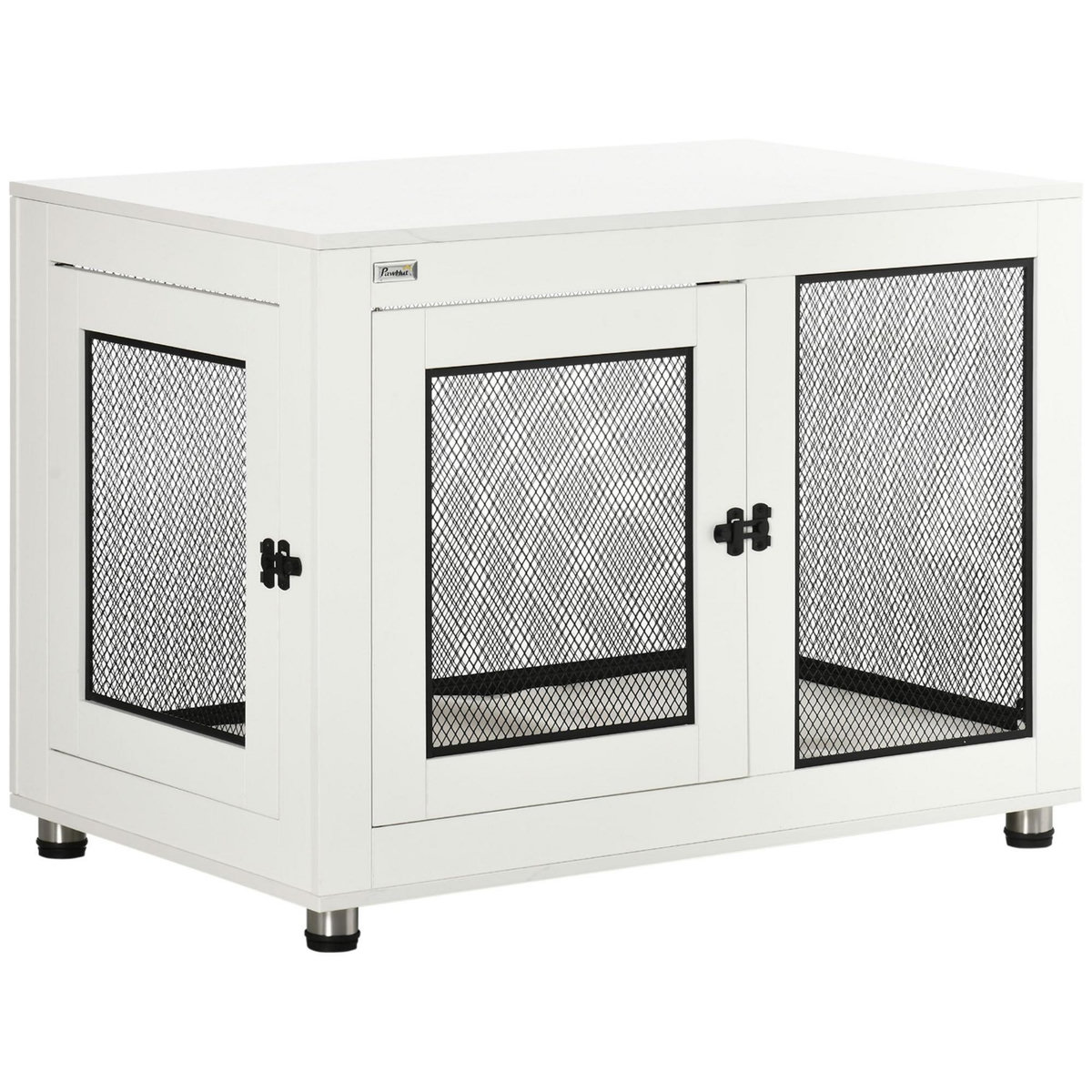 PAWHUT Cage pour chien sur pied style industriel - 2 portes verrouillables, coussin inclus - acier maillé noir panneaux aspect bois blanc