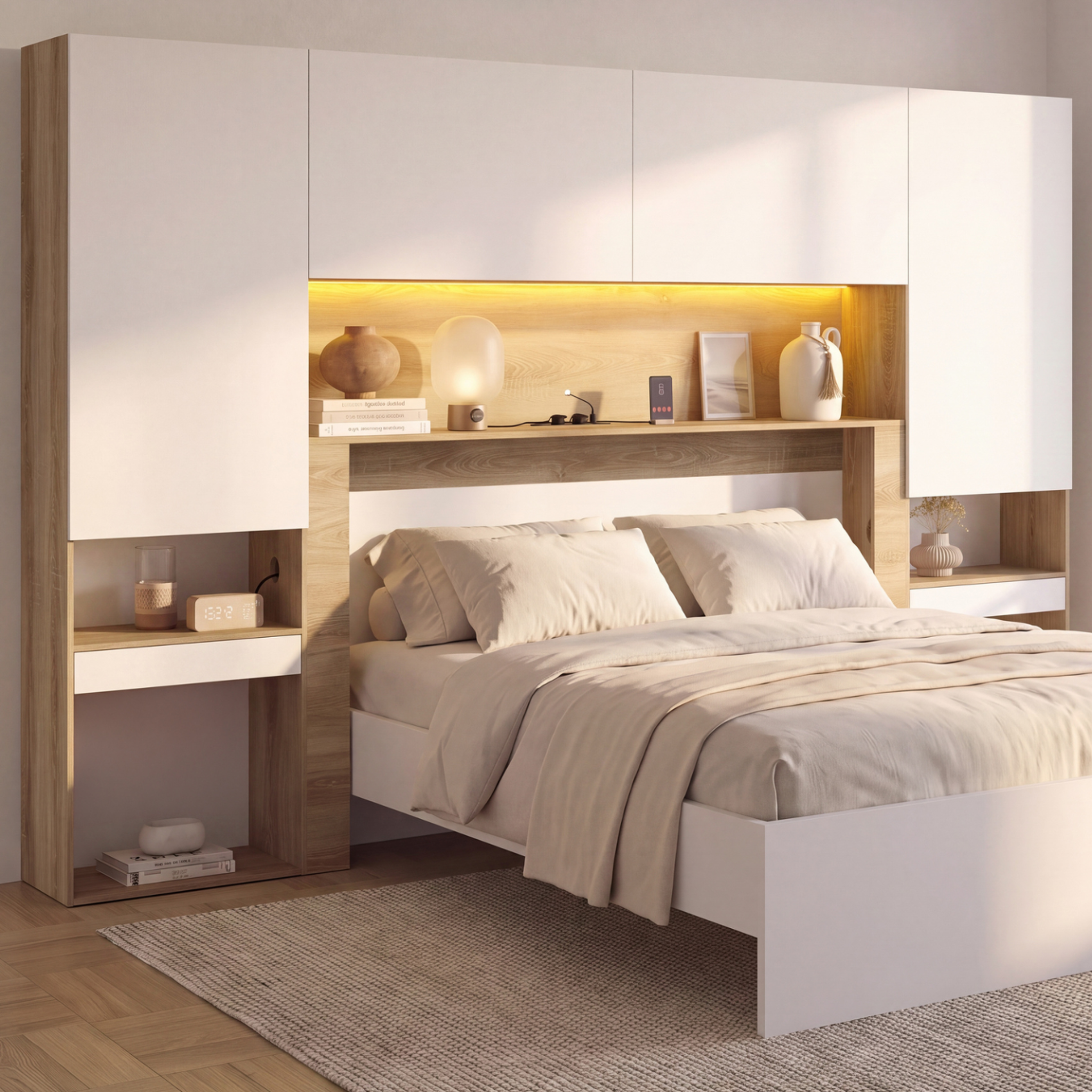 Voir la diapositive 2 : ID MARKET Pont de lit BRIDGET XXL 265 cm avec rangements, penderie, multiprises et LED bois et blanc