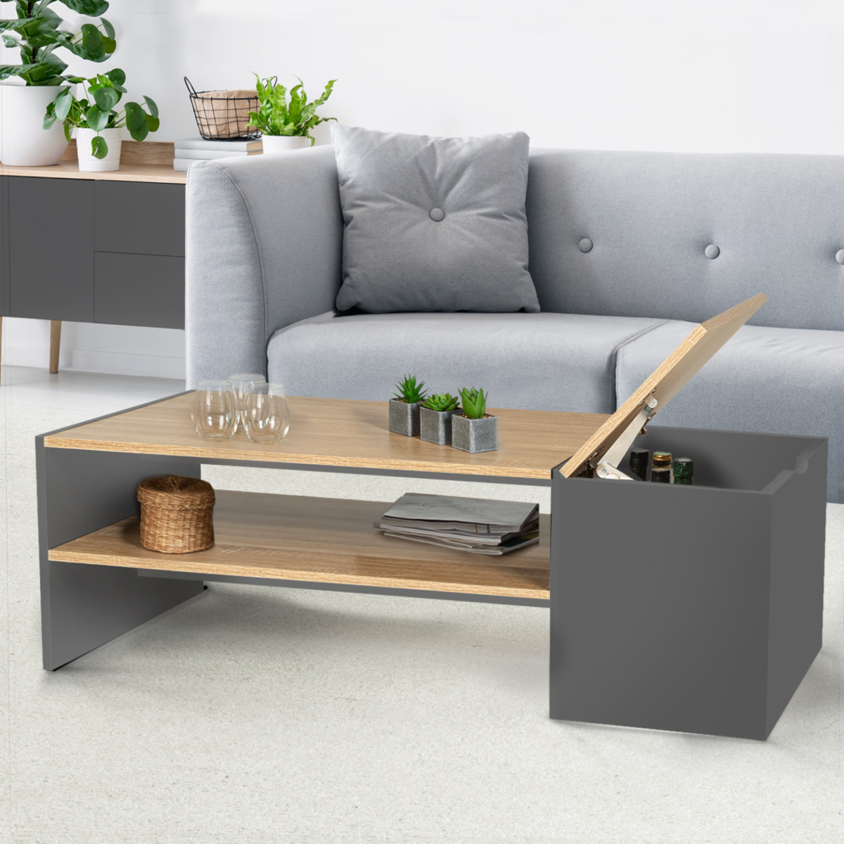 ID MARKET Table basse bar contemporaine rectangulaire IZIA avec coffre gris et plateaux bois