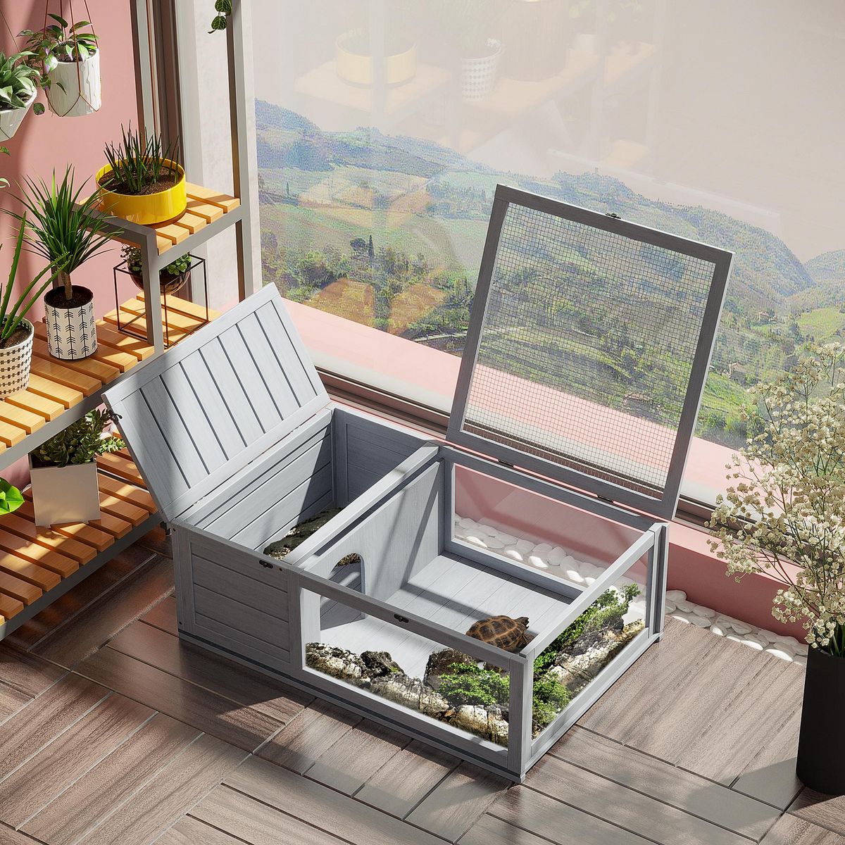 PAWHUT Enclos pour tortue - parc pour tortue - niche, enclos extérieur, toits ouvrants verrouillables - plexiglas métal sapin gris