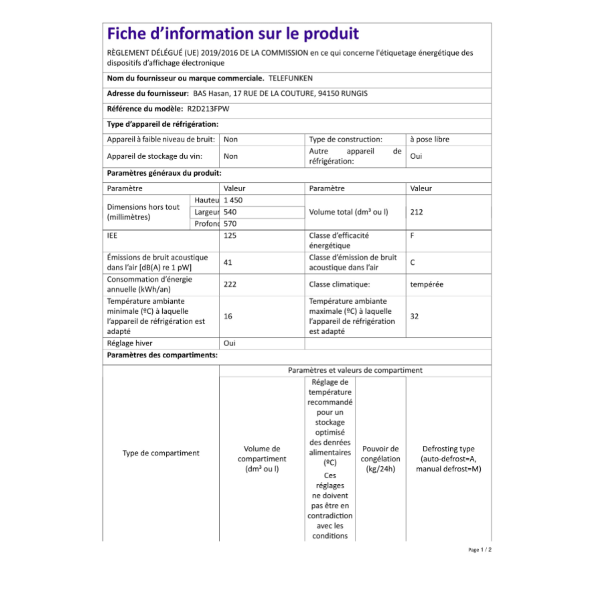 TELEFUNKEN Réfrigérateur combiné 54cm 212l lowfrost - R2D213FPW