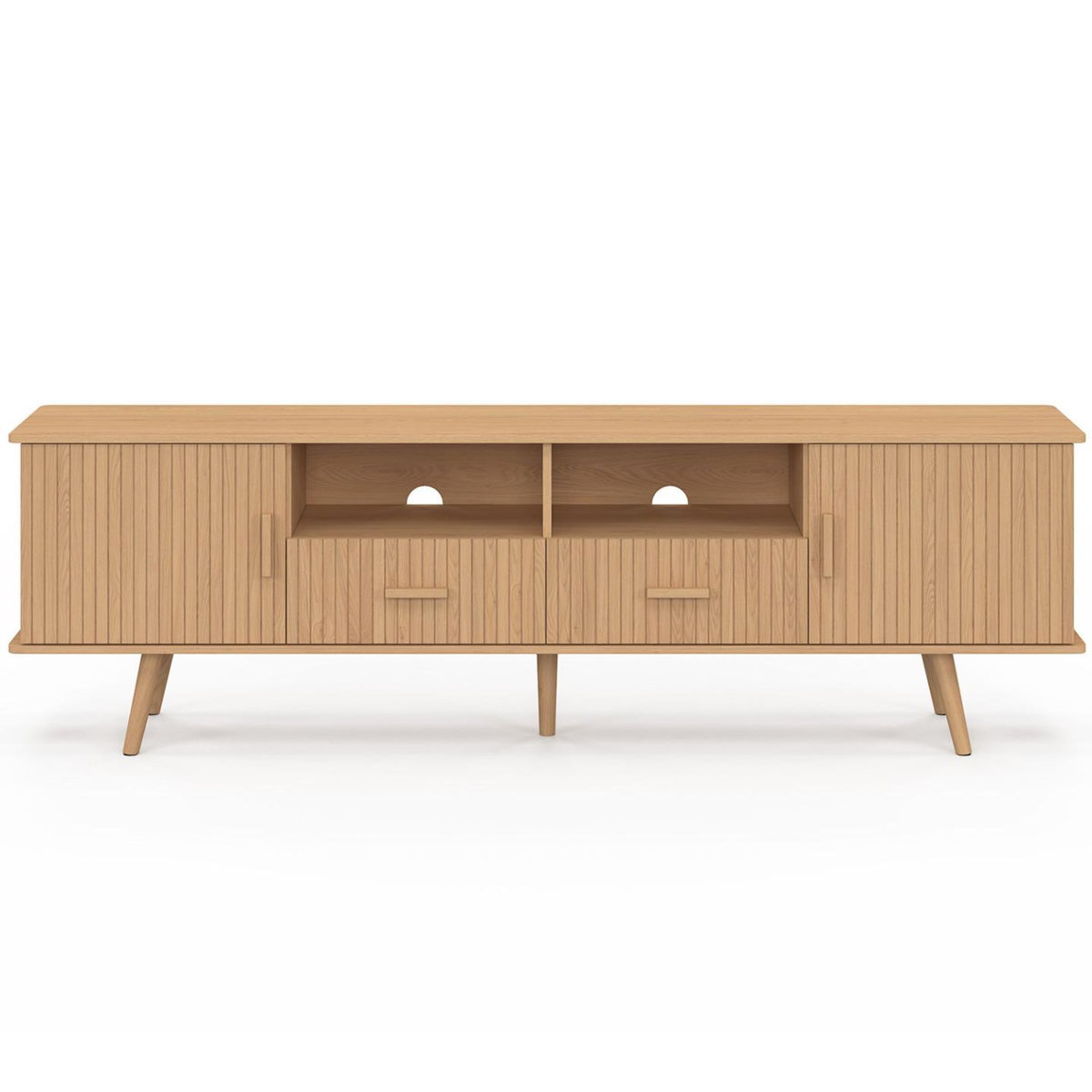 ID MARKET Meuble TV 180 cm JULIETTE 2 portes et 2 tiroirs lattes tasseau bois coloris chêne