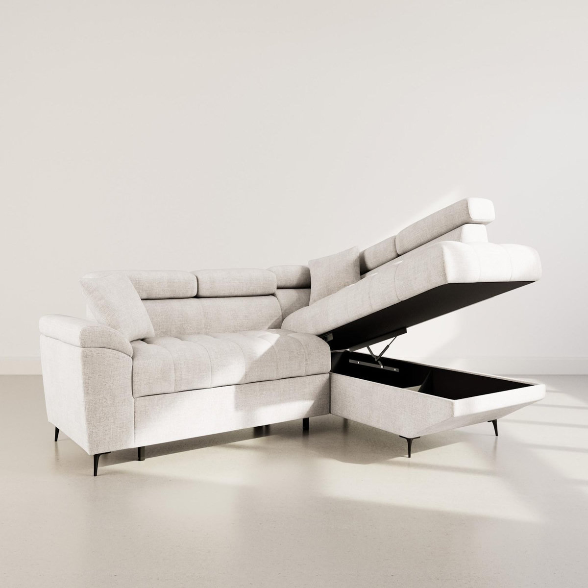 BEST MOBILIER Camille - canapé d'angle droit 5 places convertible avec têtières et coffre en velours texturé