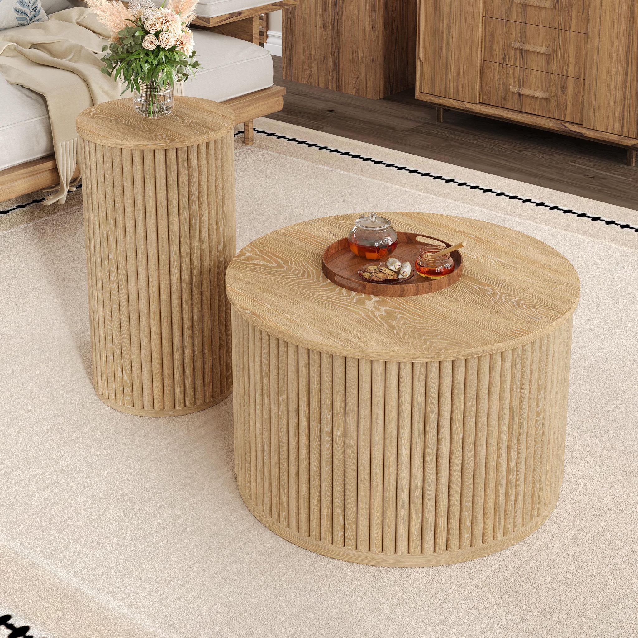 Voir la diapositive 5 : MERAX Table basse gigogne ronde naturel - 60x60 cm mdf