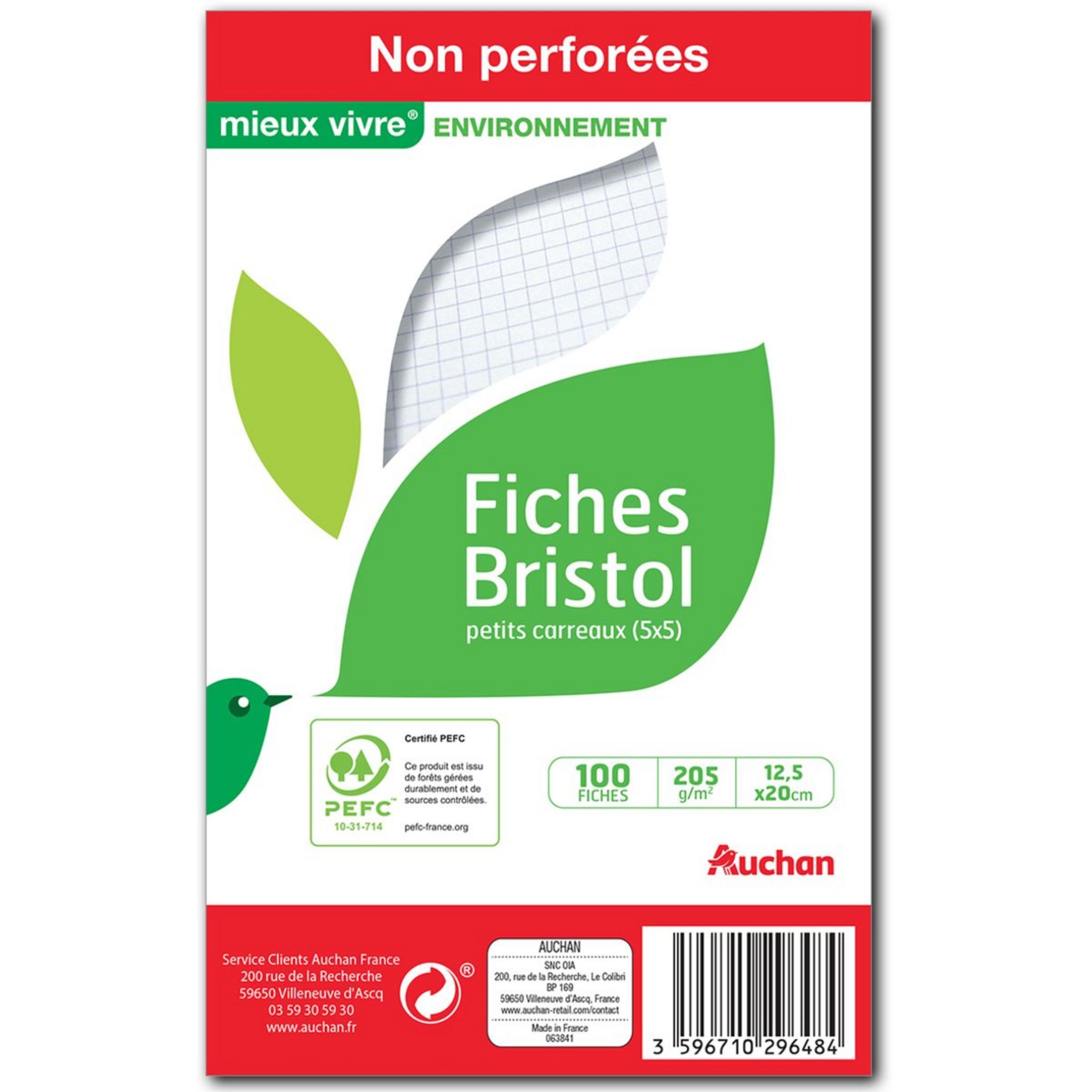 AUCHAN Lot de 100 fiches bristol 12.5x20cm petits carreaux 5x5 blanches non perforées