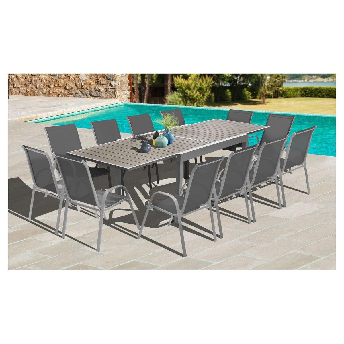 Inkazen Table de jardin extensible - 12 places - Aluminium/Verre trempé - Gris