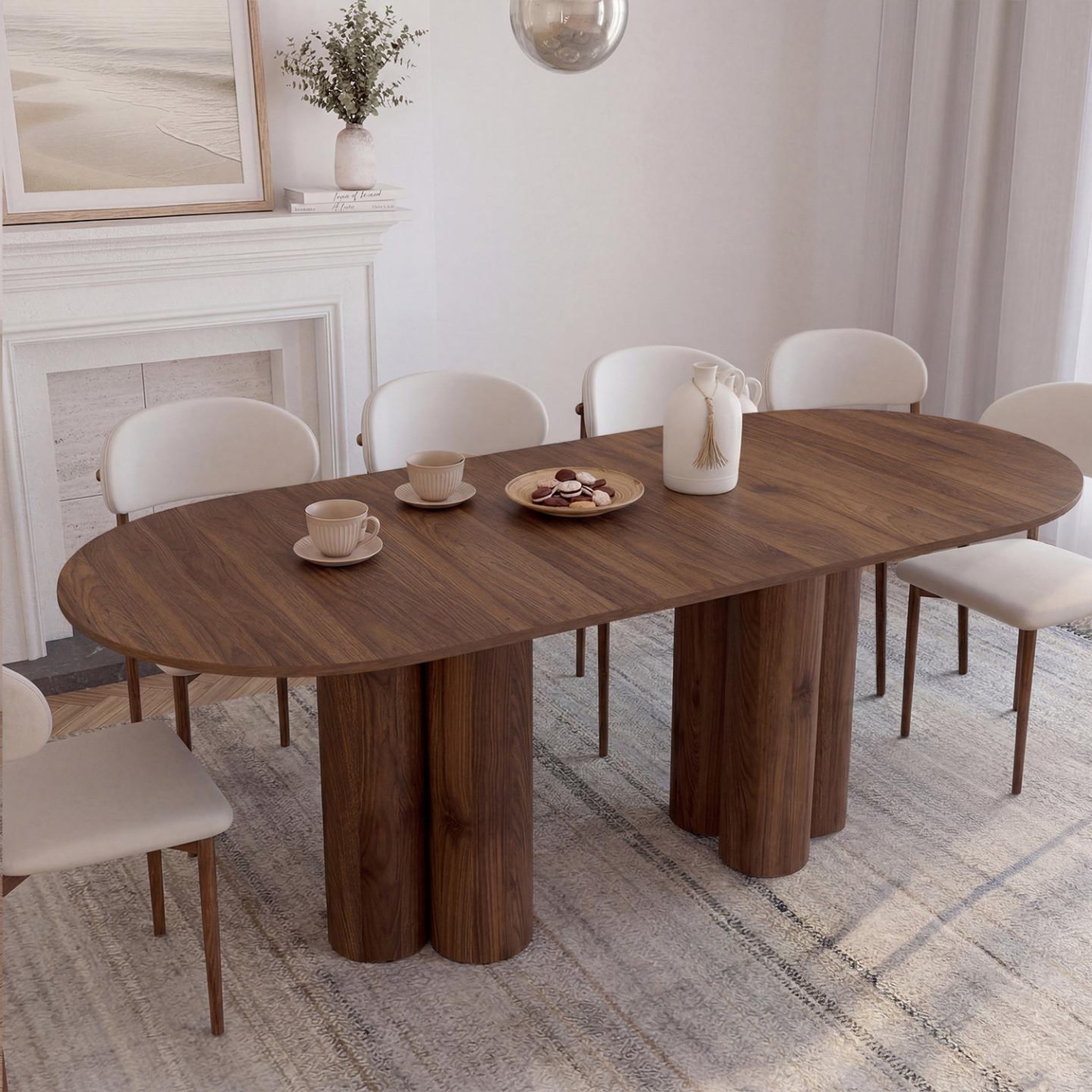 Voir la diapositive 2 : ID MARKET Table à manger extensible ovale eloise 6-10 personnes 2 pieds cylindriques noyer 160-200 cm