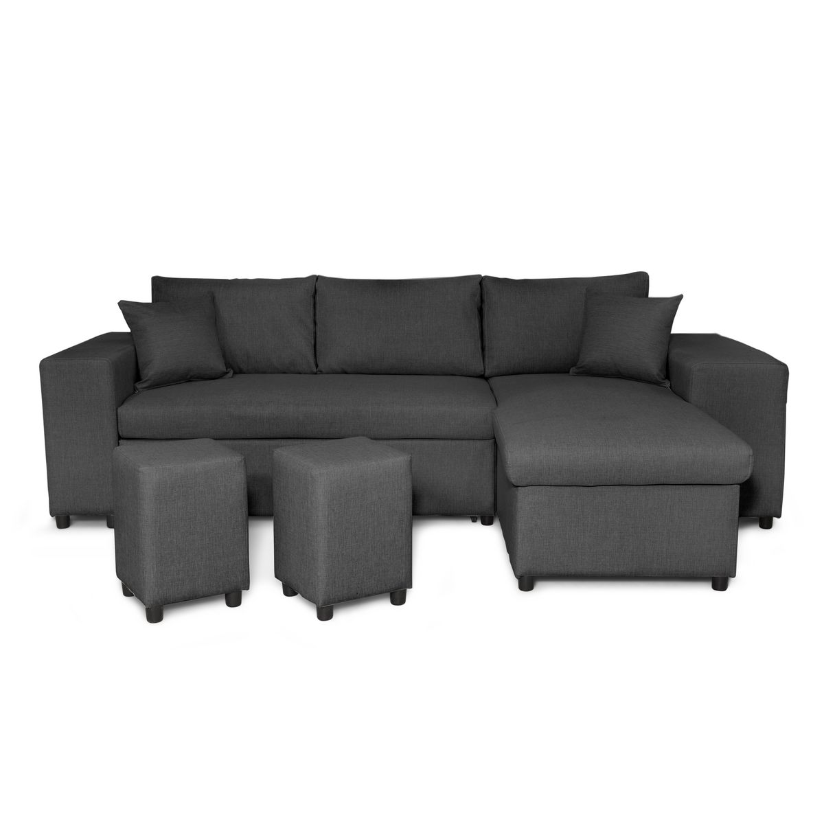 Canapé d'angle convertible avec coffre 3 places + 2 poufs à gauche et étagère à droite  MACHA