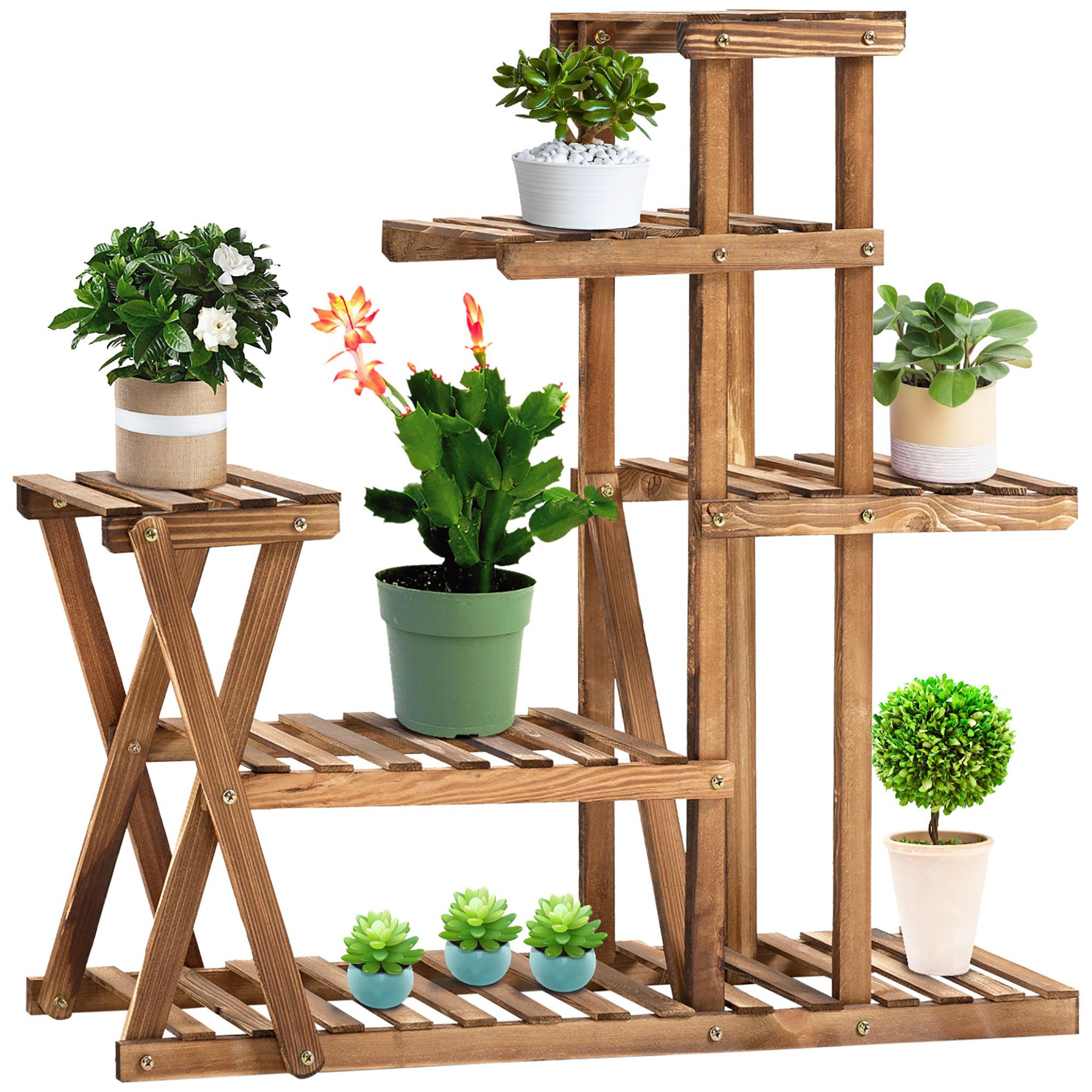 Voir la diapositive 1 : OUTSUNNY Étagère à fleurs en bois - porte plante bois 6 tablettes - dim. 98L x 28l x 95H cm - bois de sapin traité carbonisation