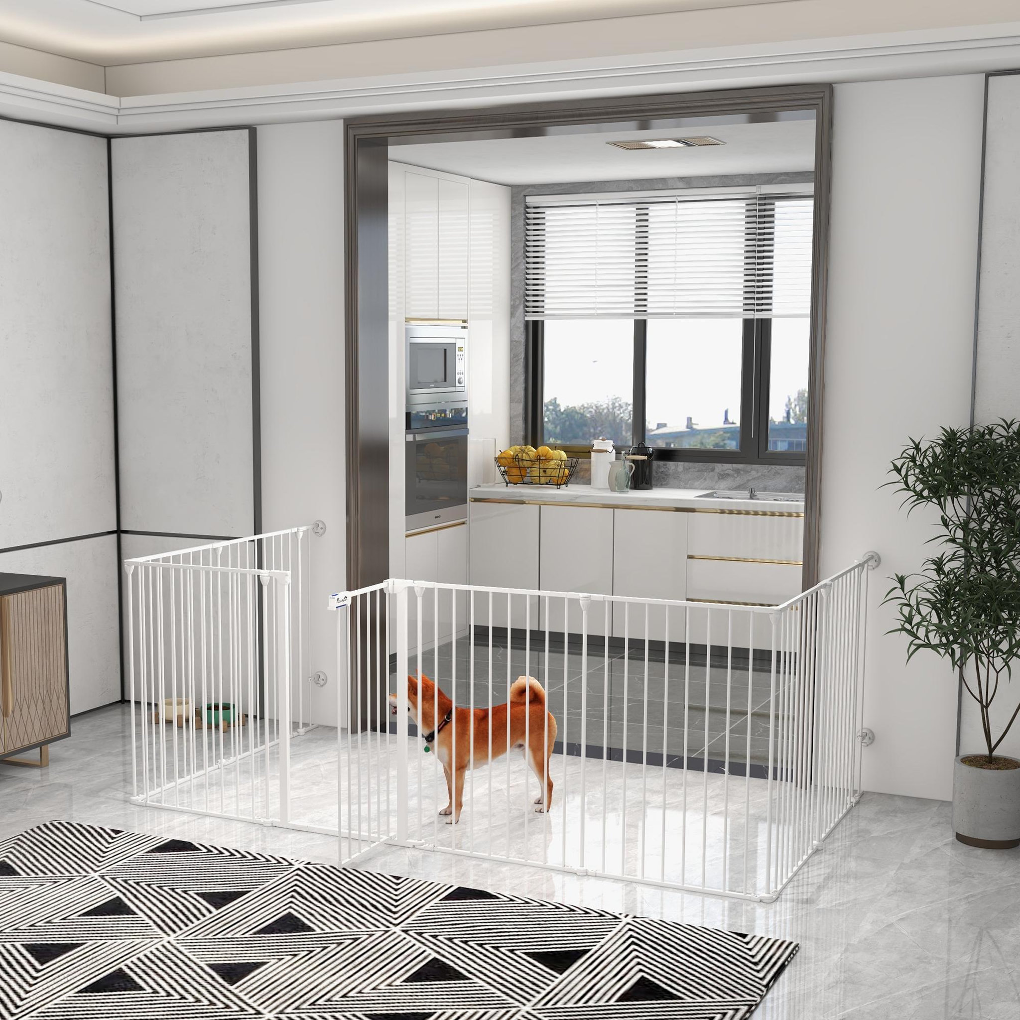 Voir la diapositive 2 : PAWHUT Barrière de sécurité parc enclos chien modulable pliable porte verrouillable intégrée 8 panneaux acier PP blanc