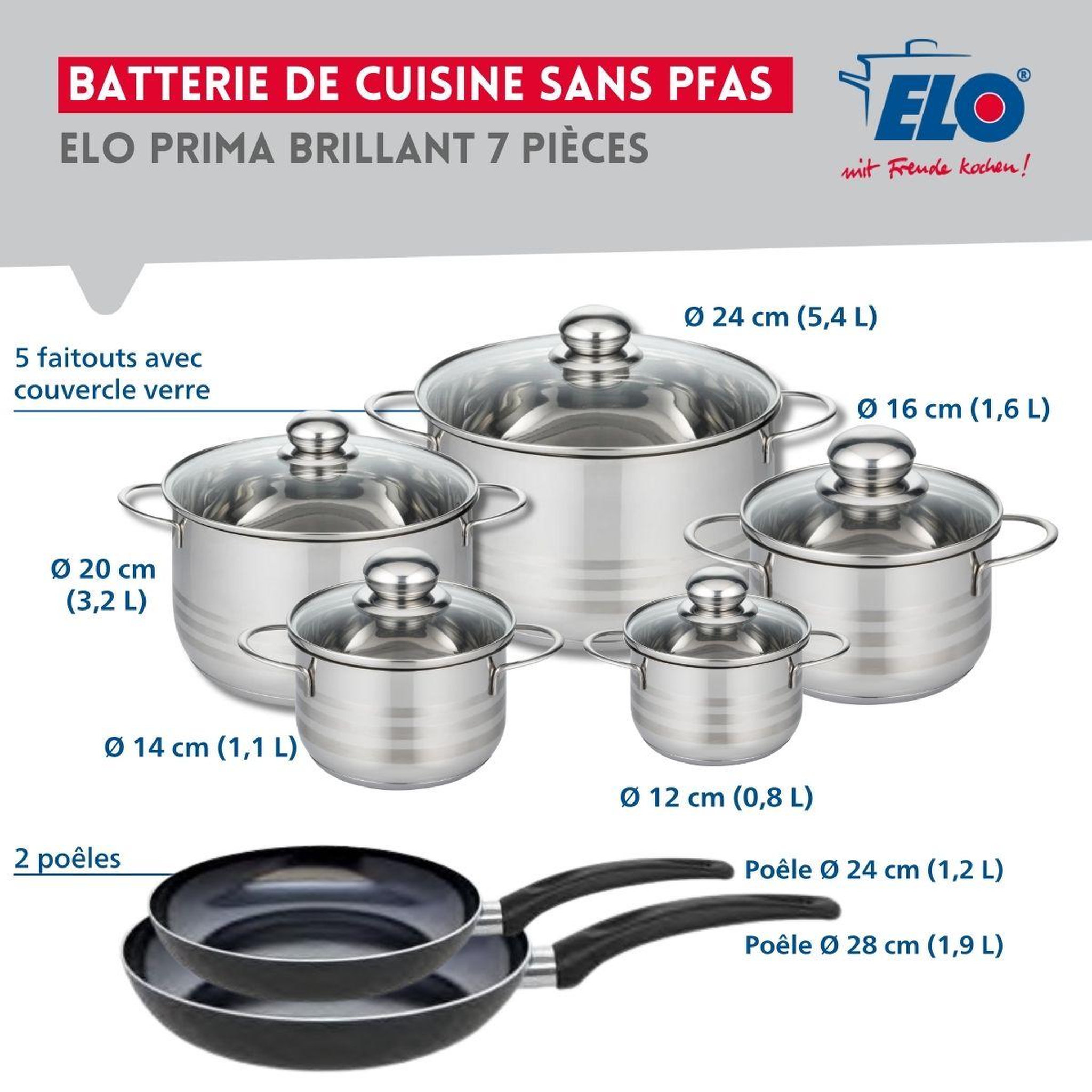 Voir la diapositive 2 : ELO Ensemble de 2 poêles de cuisson 24 et 28 cm et 5 faitouts 12, 14, 16, 20 et 24 cm elo prima brillant