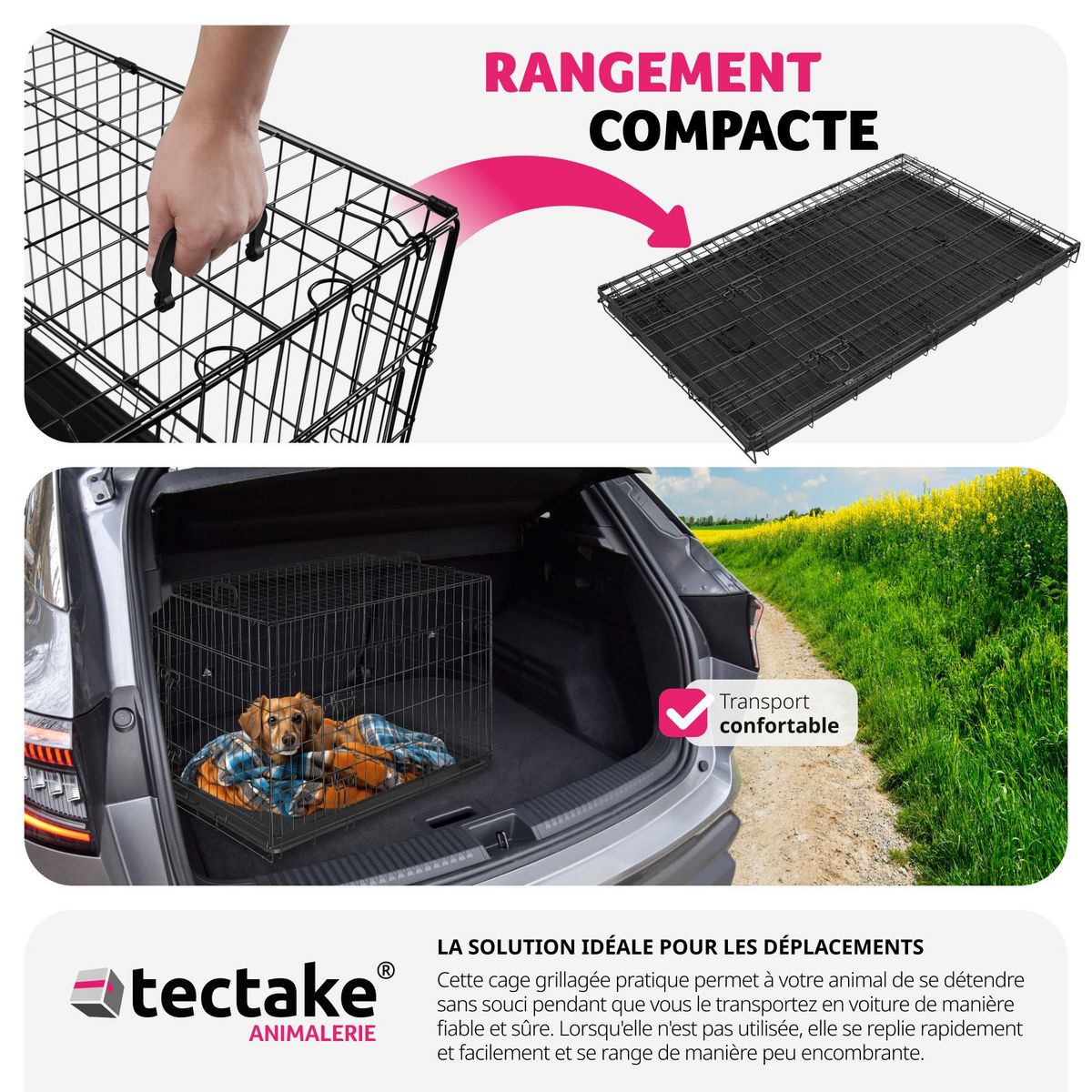 tectake Caisse grillagée pour chien pliable avec 2 poignées de transport noir