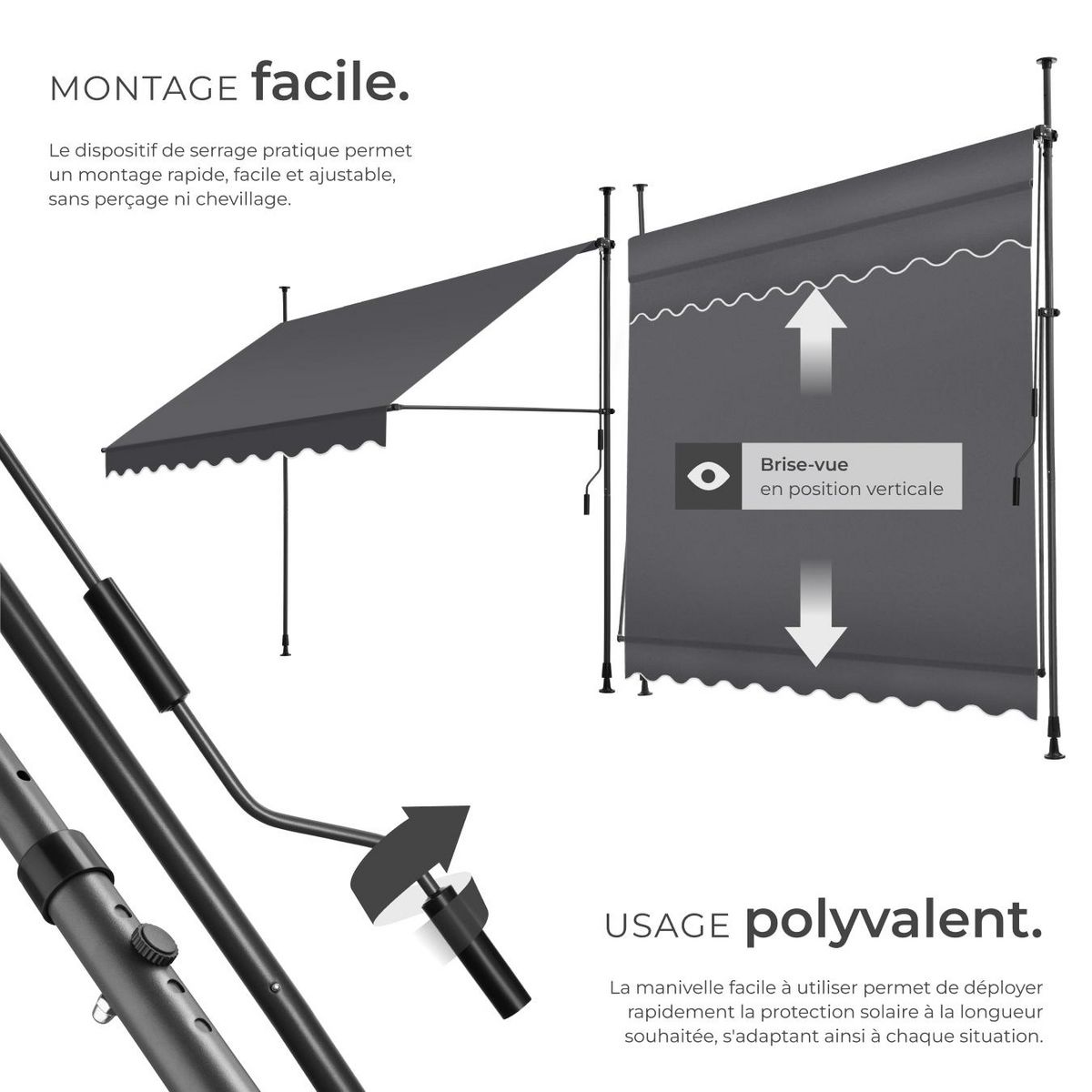 tectake Store à pince sans perçage avec manivelle noir/gris 250 x 180 cm