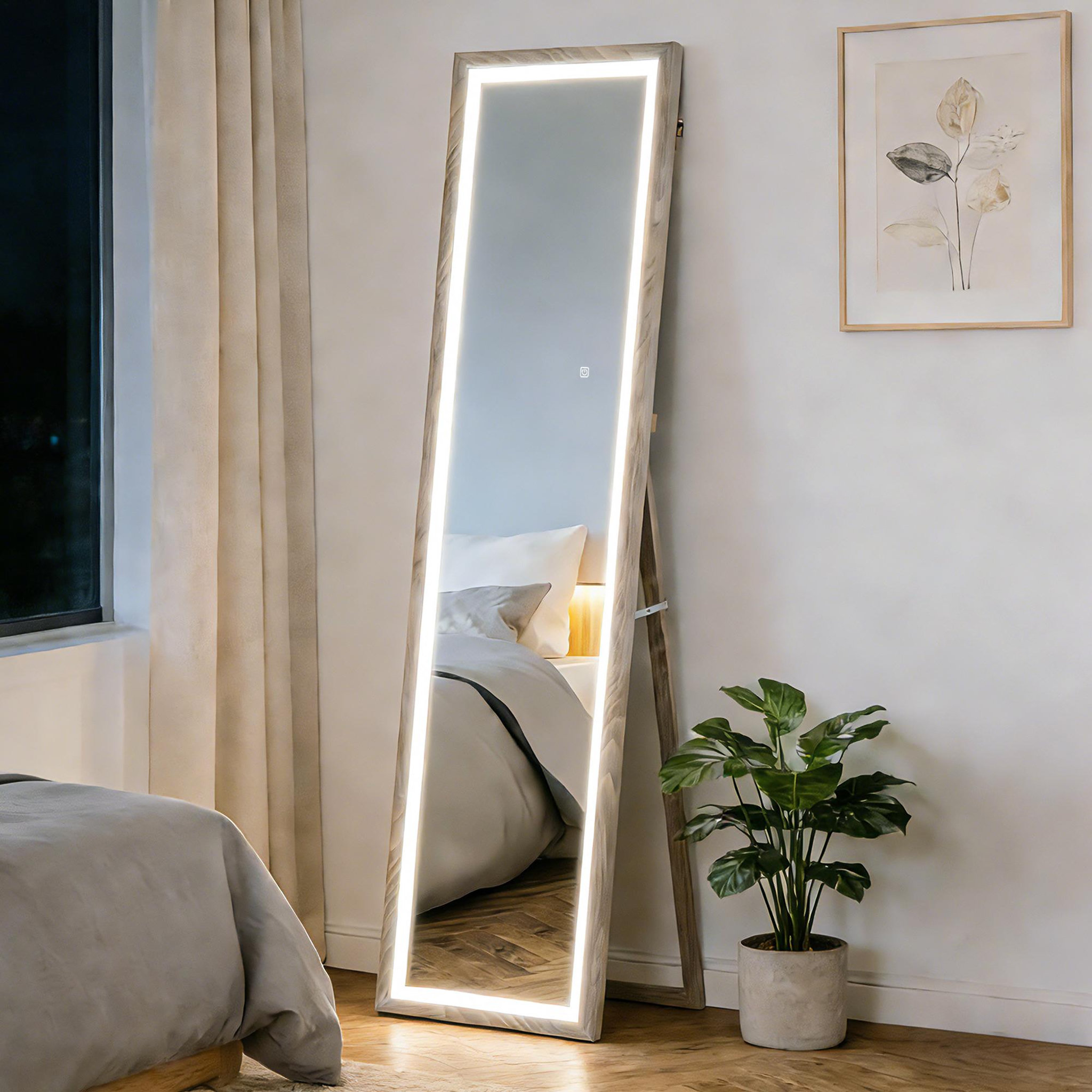 Voir la diapositive 4 : HOMCOM Grand miroir led pleine longueur 40 x 160 cm autoportant ou à fixer - 3 couleurs luminosité réglable - effet bois gris