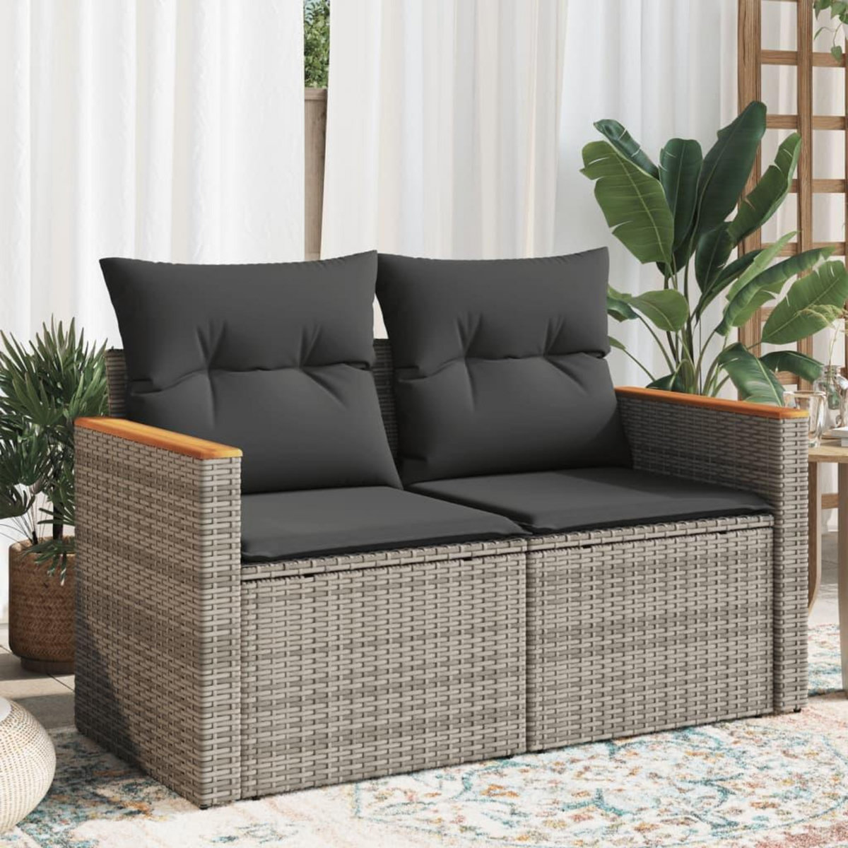 VIDAXL Canape de jardin 2 places avec coussins gris resine tressee