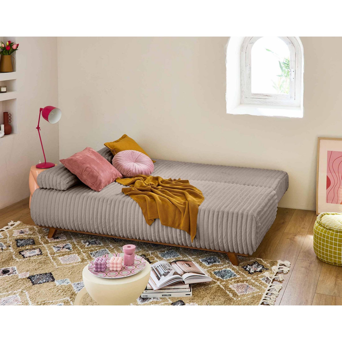 BEST MOBILIER Cristal - canapé 3 places - convertible avec coffre et pouf - en fausse fourrure côtelée