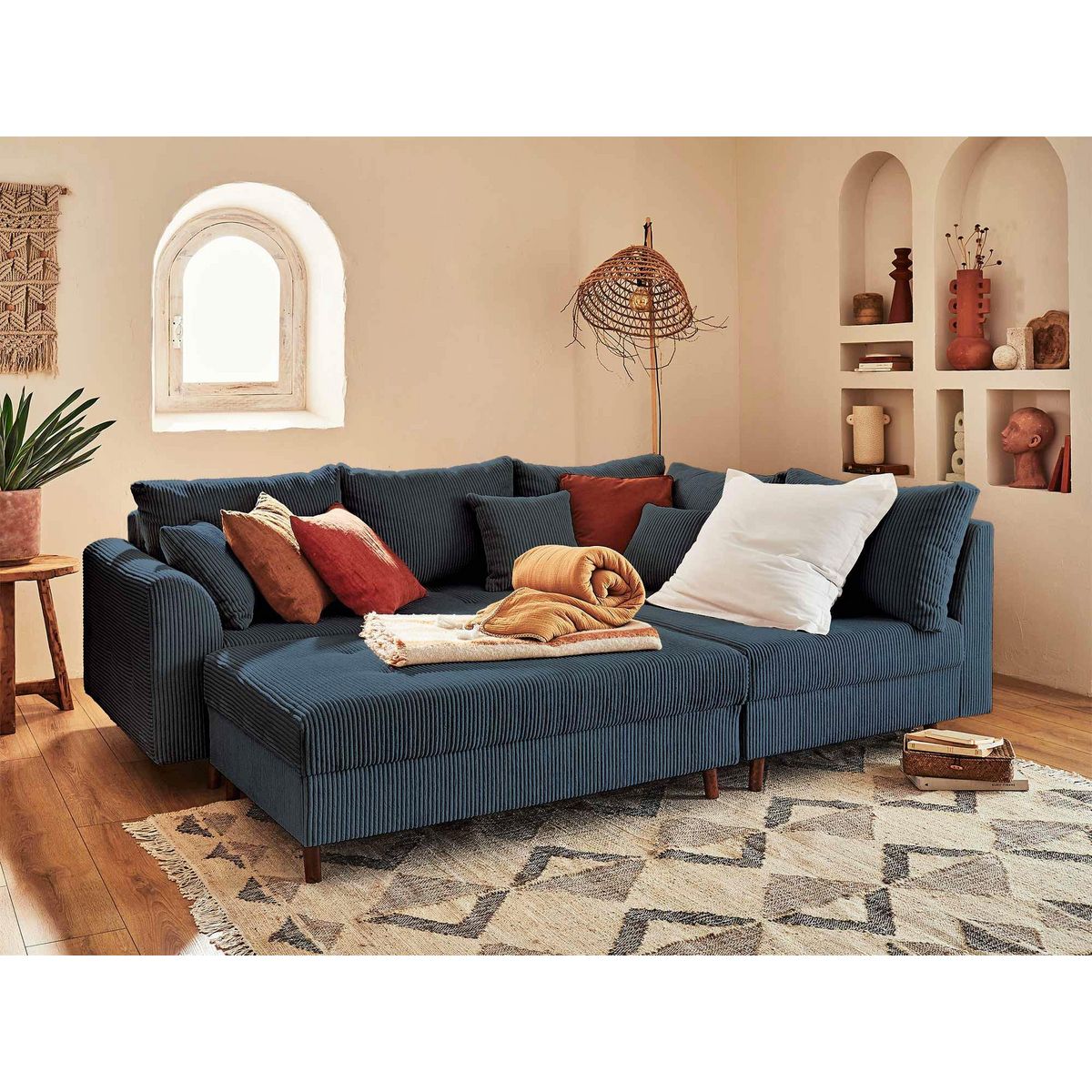 LISA DESIGN Rune - canapé d'angle droit - 4 places - avec pouf d'appoint - en velours côtelé