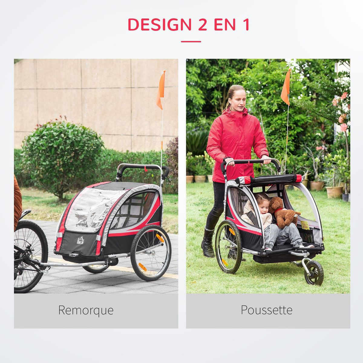 HOMCOM Remorque vélo jogger 2 en 1 pour enfant drapeau roue avant pivotante réflecteurs et barre d'attelage inclus rouge noir