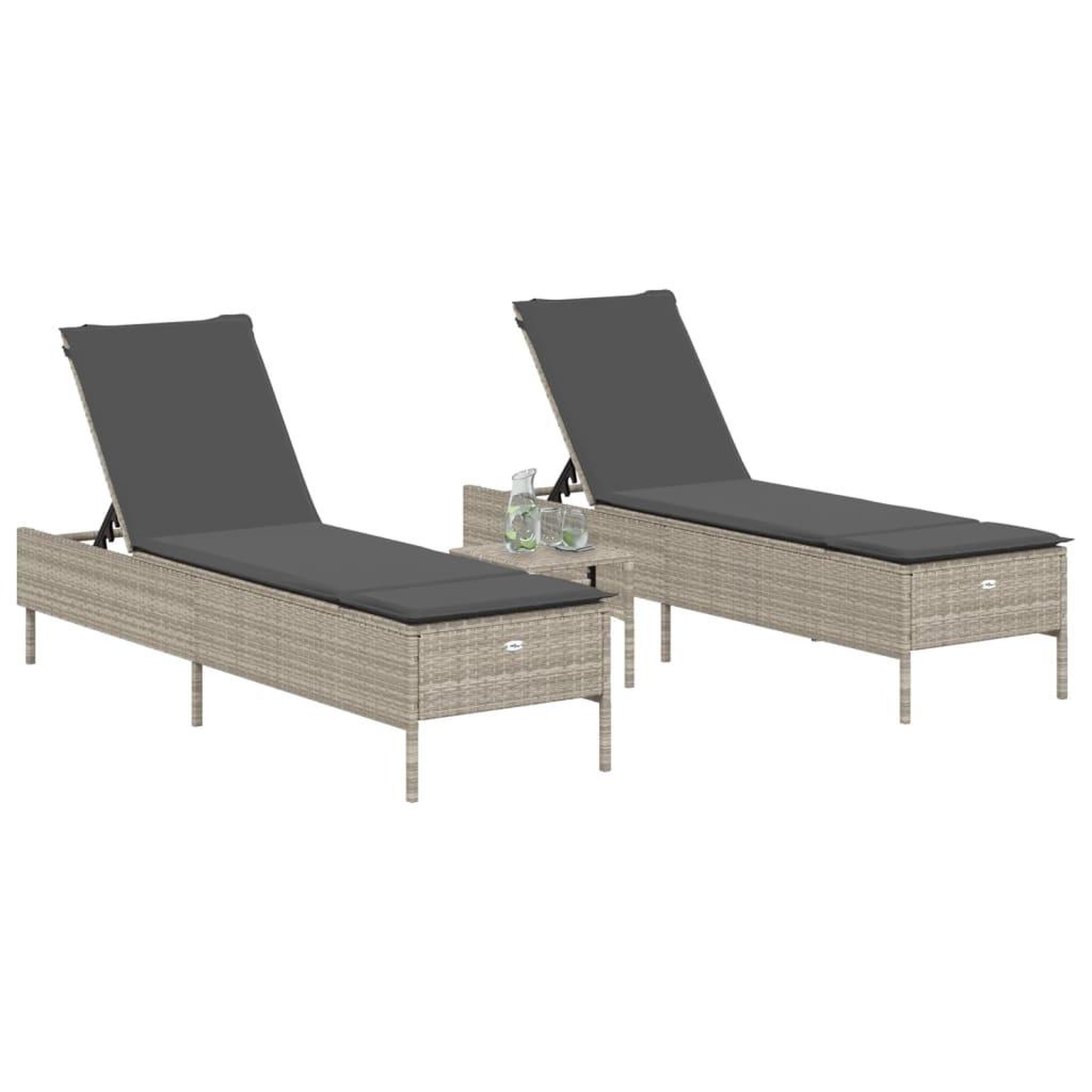 Voir la diapositive 3 : VIDAXL Ensemble de chaises longues avec coussins 3pcs gris clair rotin