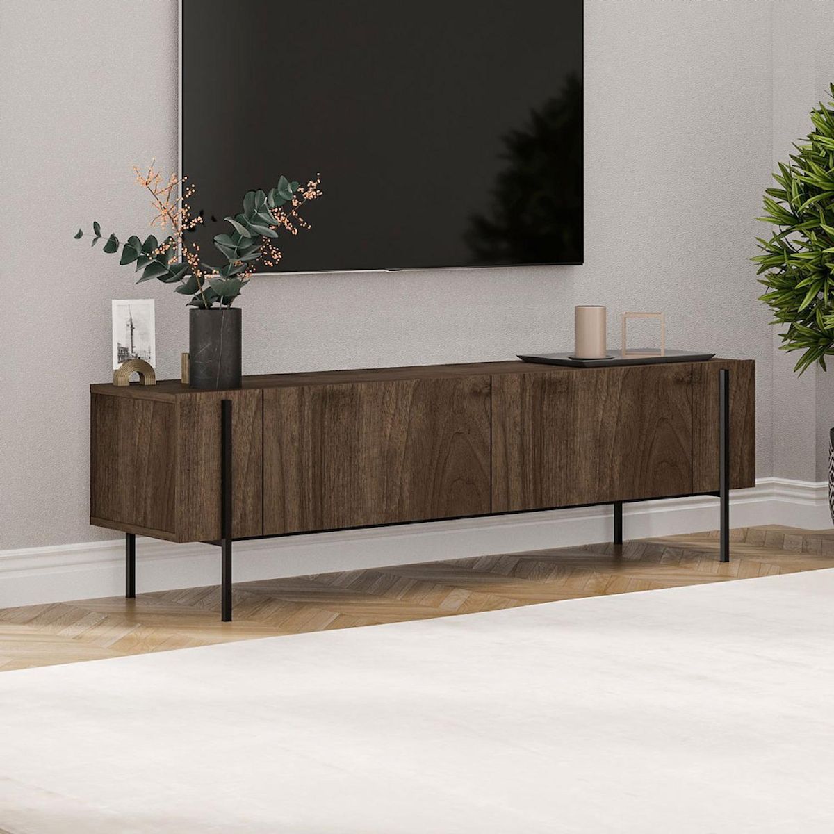 CONCEPT USINE Meuble TV avec placards aspect noyer 160cm FRENO