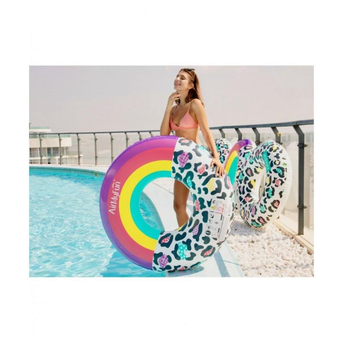 AIRMYFUN Bouée Gonflable Ronde XXL pour Piscine & Plage Ultra Confort, Flotteur Deluxe - Arc-En-Ciel Et Léopard ø120cm