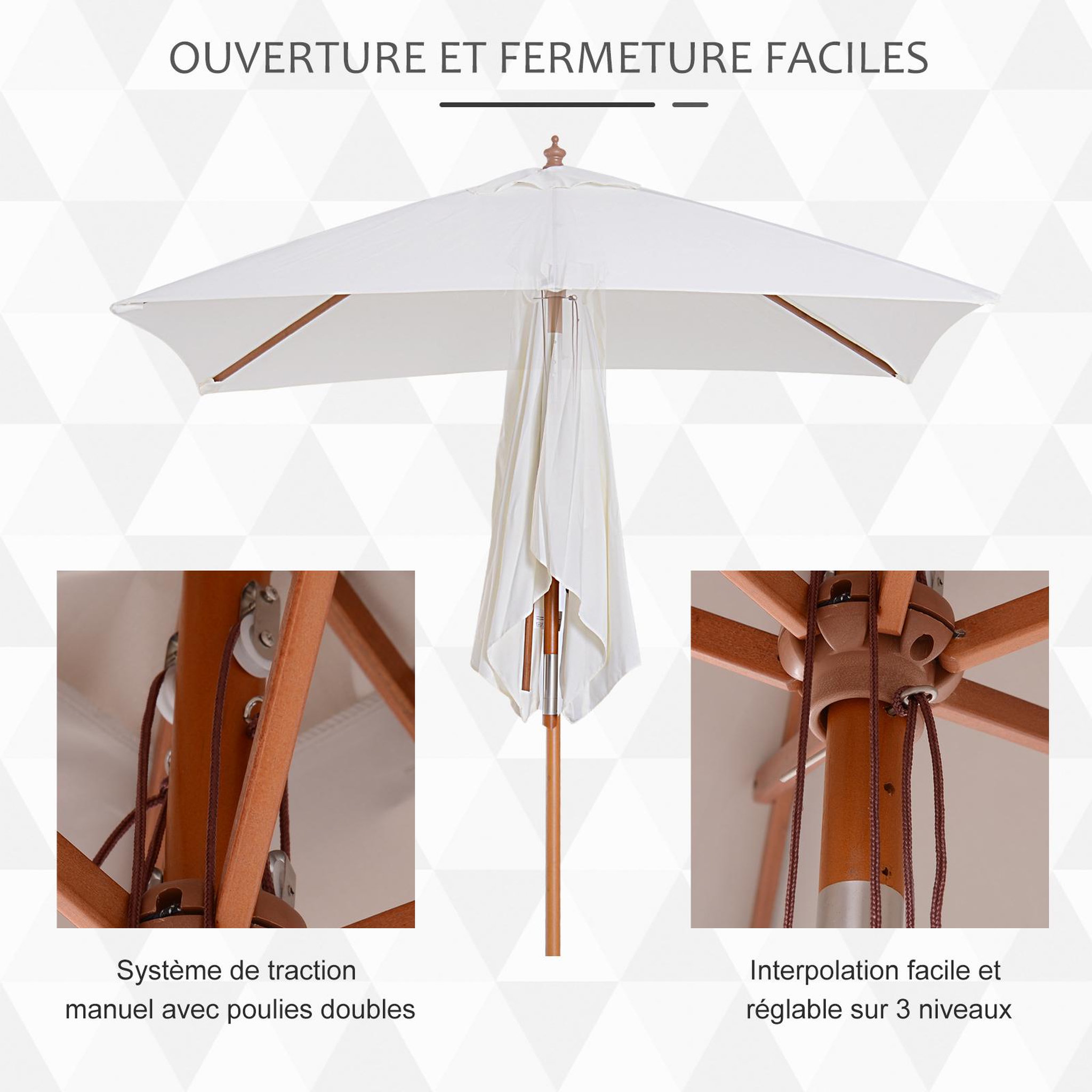 Voir la diapositive 5 : OUTSUNNY Parasol rectangulaire inclinable bois polyester haute densité 2L x 1,5l x 2,3H m crème