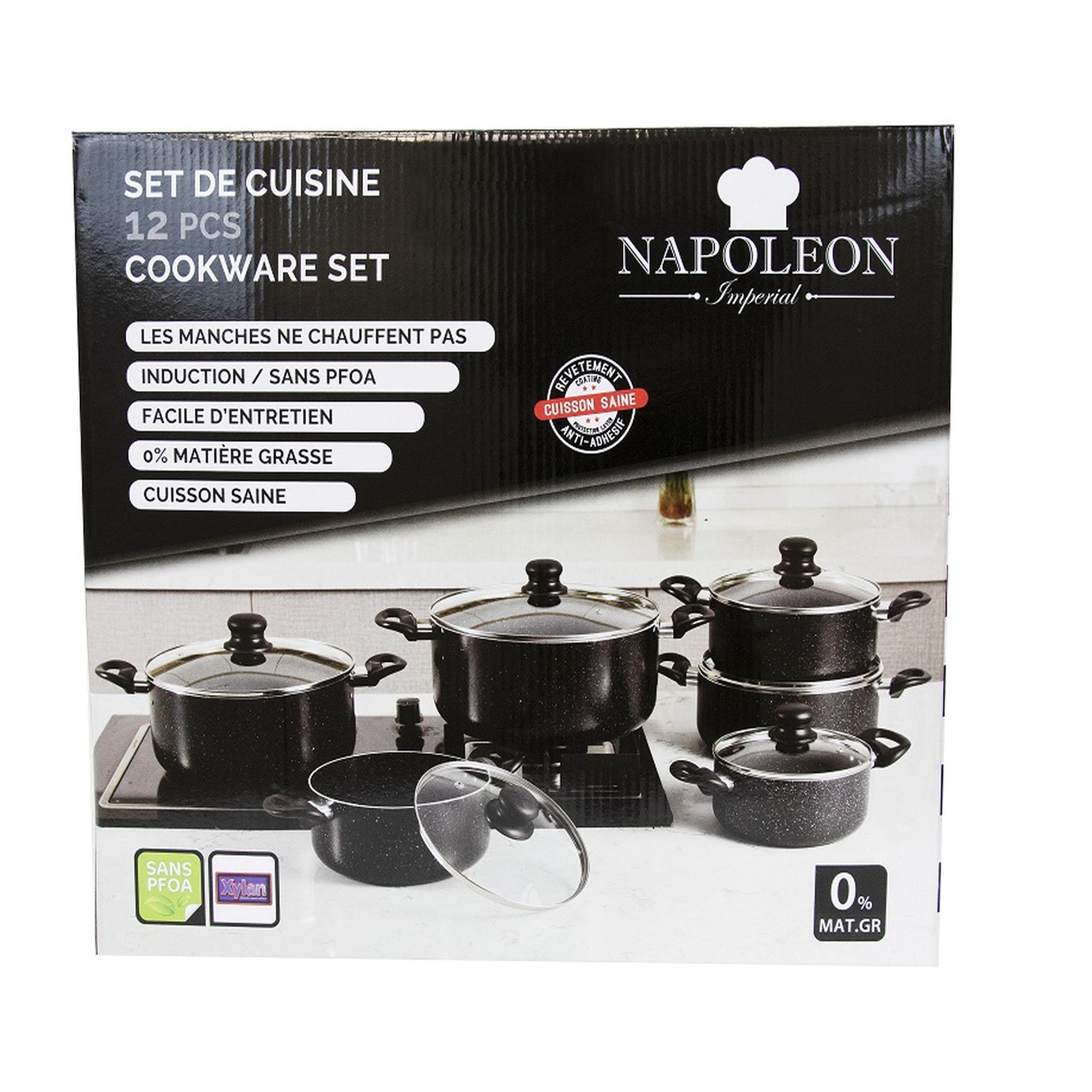 Voir la diapositive 2 : Batterie de cuisine induction 12 pièces  aluminium noir