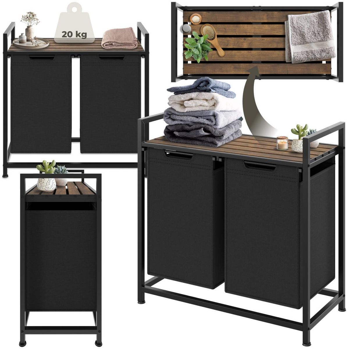 tectake Panier à linge style industriel avec 2 ou 3 compartiments extensibles noir/marron 34 x 74 x 72 cm