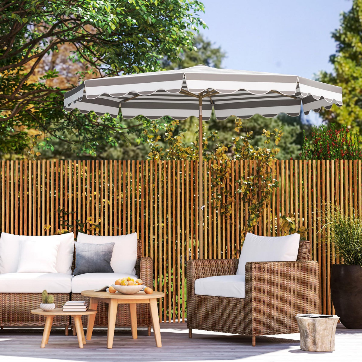 OUTSUNNY Parasol de jardin inclinable octogonal dim.2,7 x 2,4m manivelle métal effet bois tissu UPF 50+ gris taupe blanc