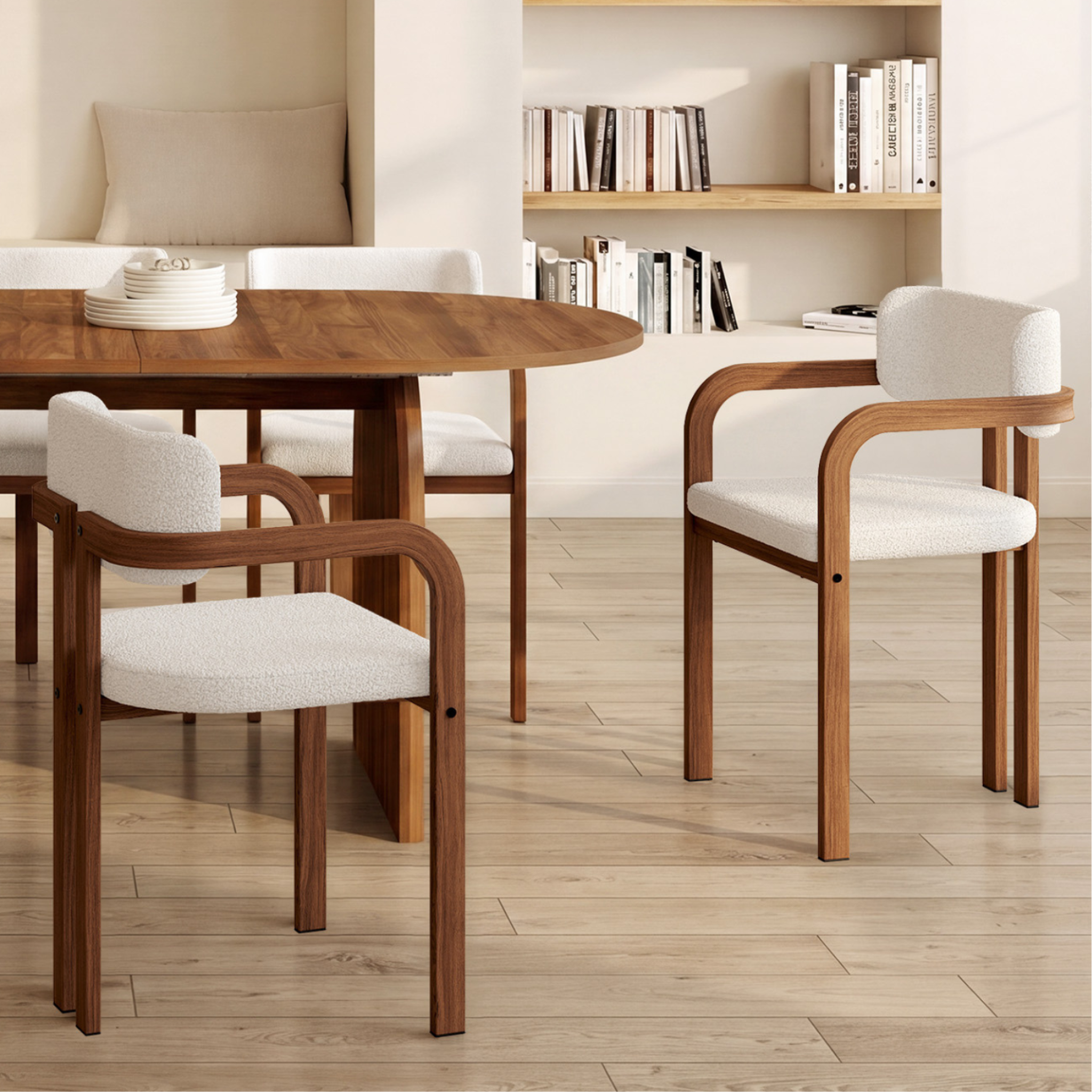 Voir la diapositive 2 : ID MARKET Lot de 4 chaises de salle à manger, fauteuils de table ESMA en métal effet noyer et tissu bouclette avec accoudoirs