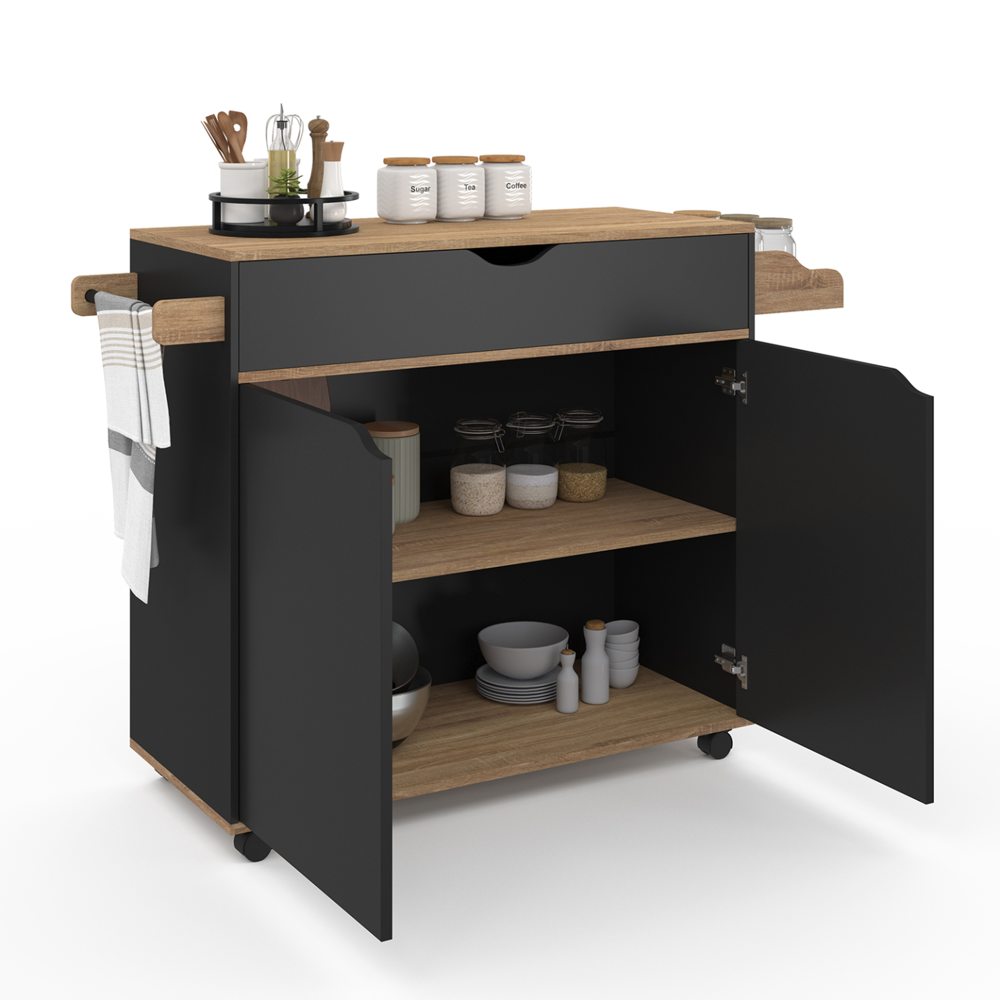 Voir la diapositive 4 : ID MARKET Desserte de cuisine cosy xxl placard avec tiroir noir et plateaux façon hêtre l.90 cm