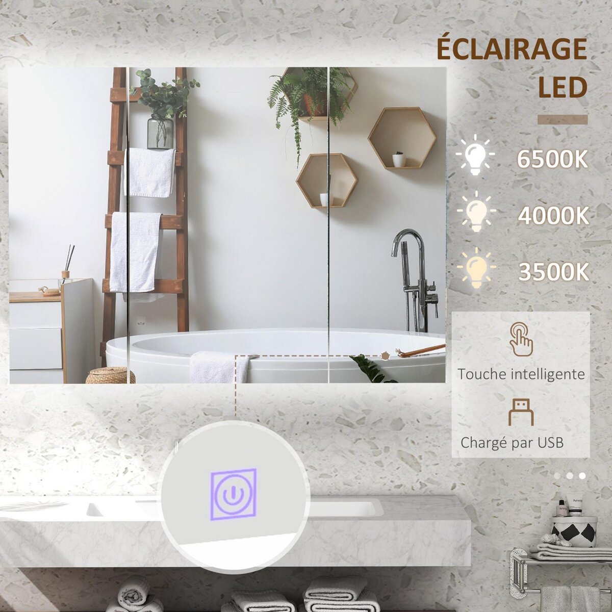 KLEANKIN Armoire miroir LED de salle de bain - 3 portes, 3 étagères - tactile, lumière réglable - MDF blanc laqué verre