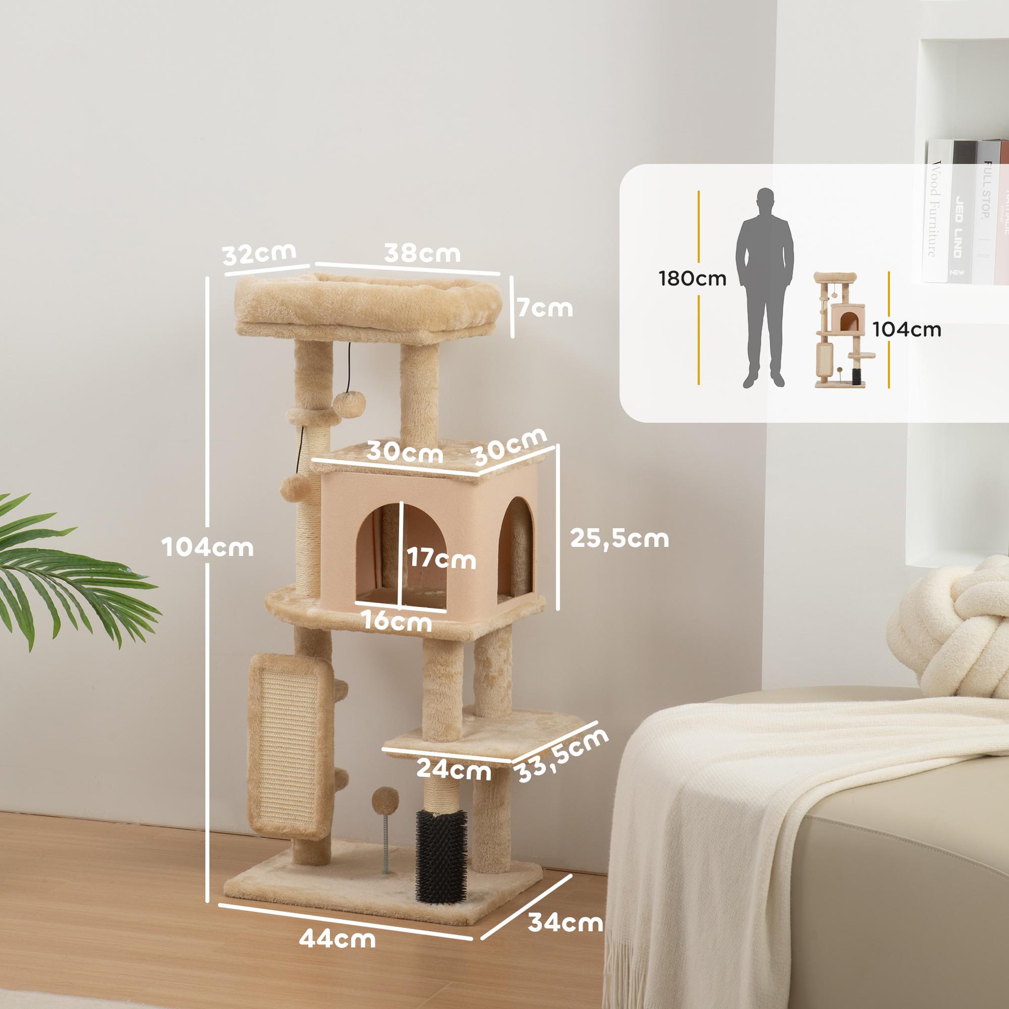 Voir la diapositive 3 : PAWHUT Arbre à chat h.104 cm - griffoir, grattoir, bande massante, jeux boules, niche, plateforme observation - beige