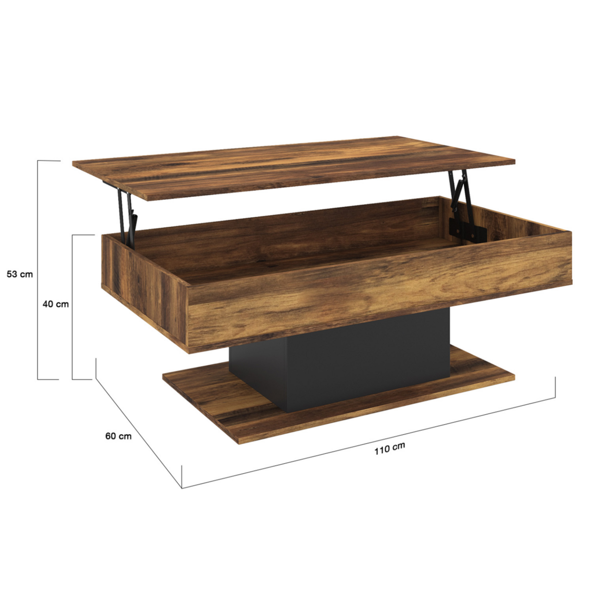 ID MARKET Table basse plateau relevable rectangulaire EDEN bois foncé effet vieilli et noir