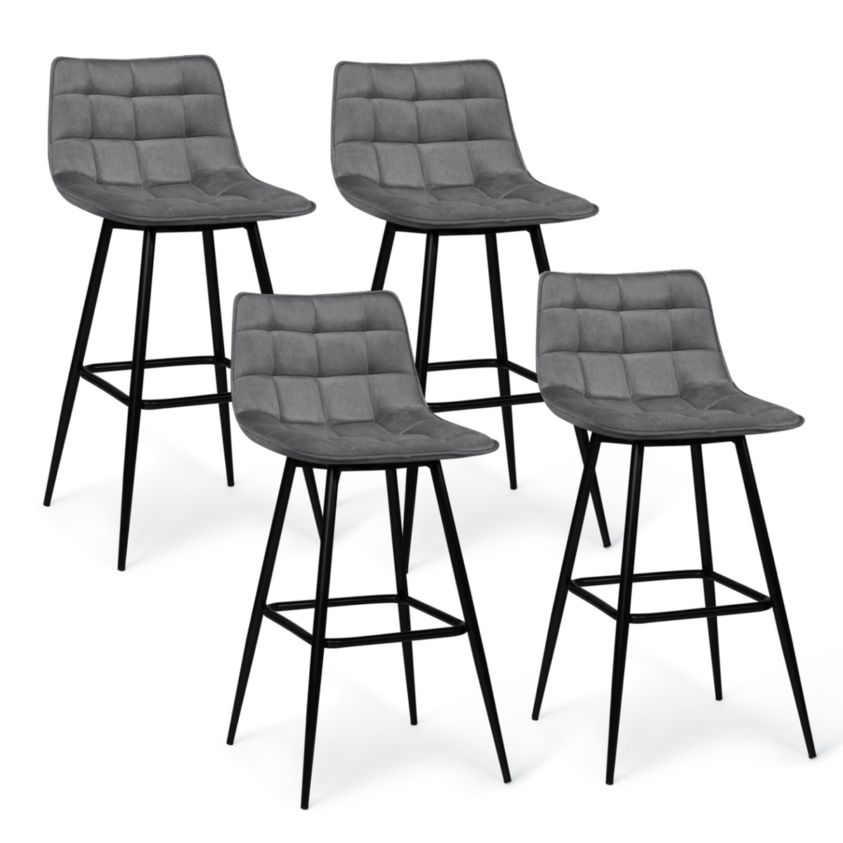 ID MARKET Lot de 4 tabourets de bar MADY en velours gris clair