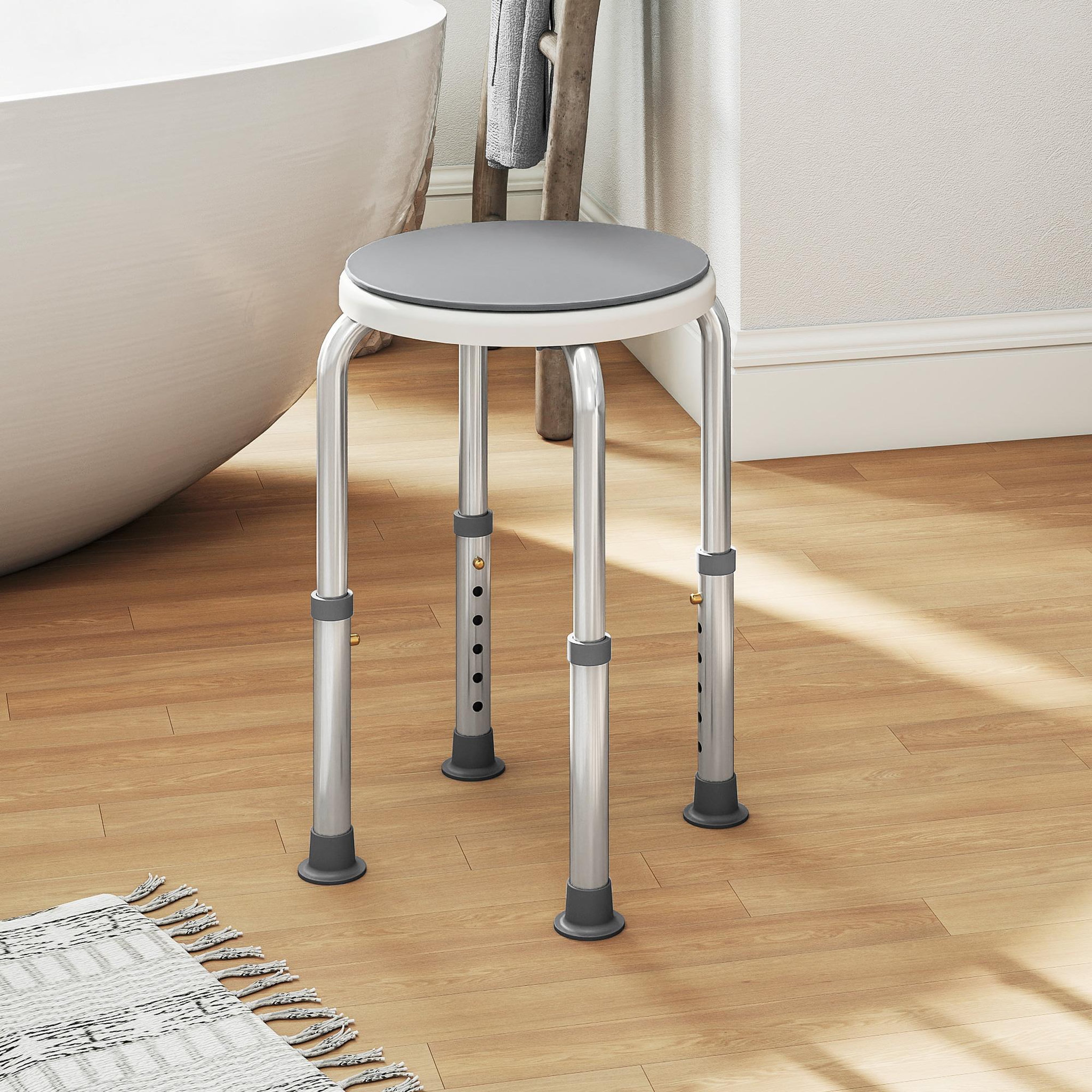 Voir la diapositive 2 : HOMCOM Tabouret de douche siège de douche - hauteur réglable, pivotant 360° - alu pp blanc gris