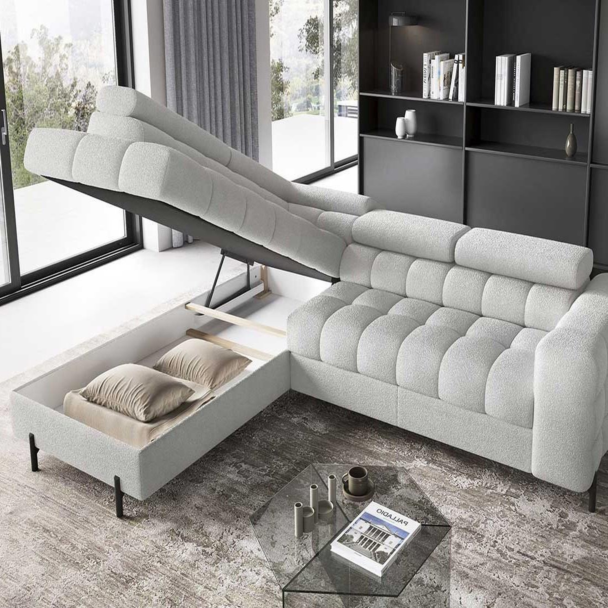 Voir la diapositive 3 : BEST MOBILIER Elisa - canapé d'angle gauche 5 places convertible avec coffre et têtières réglables en tissu bouclette