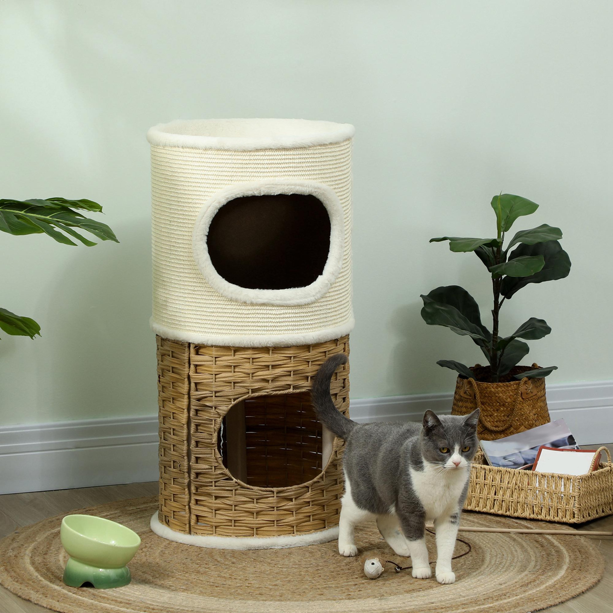 Voir la diapositive 6 : PAWHUT Tour à griffer pour chat 3 niveaux - 2 niches, panier observation- h.75,5 cm - résine tressée sisal