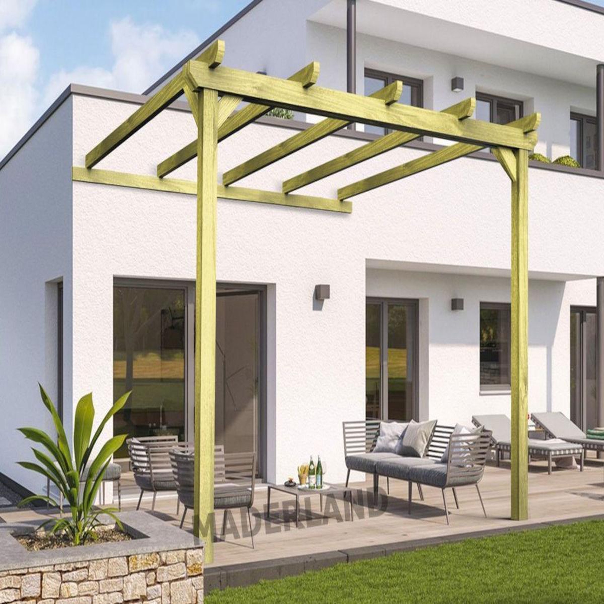 Voir la diapositive 4 : JARDIDECO Pergola adossée en bois massif saint-denis 420 x 300 cm  - maderland