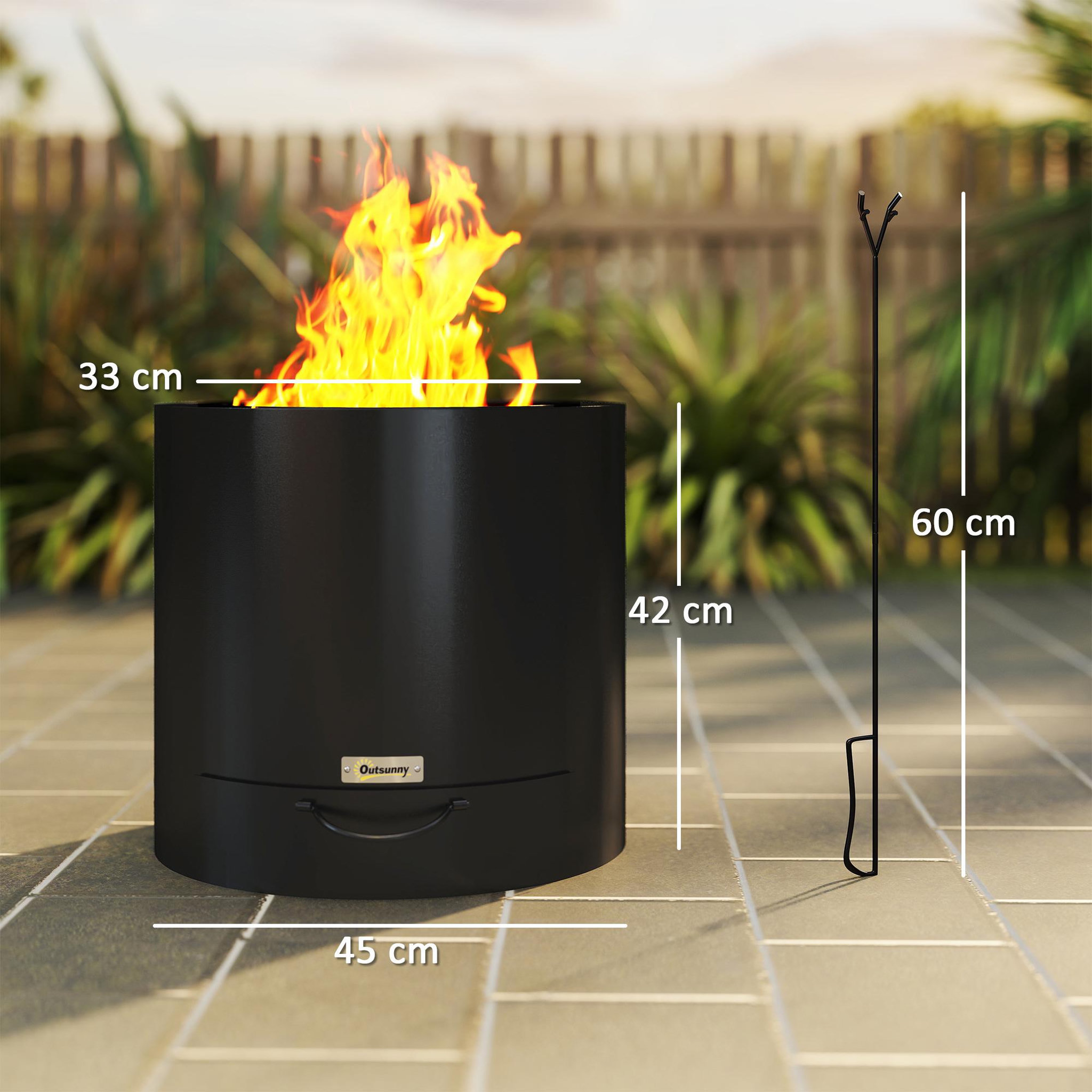 Voir la diapositive 3 : OUTSUNNY Brasero extérieur Ø45 cm design - bac à cendres intégré, tisonnier - acier noir
