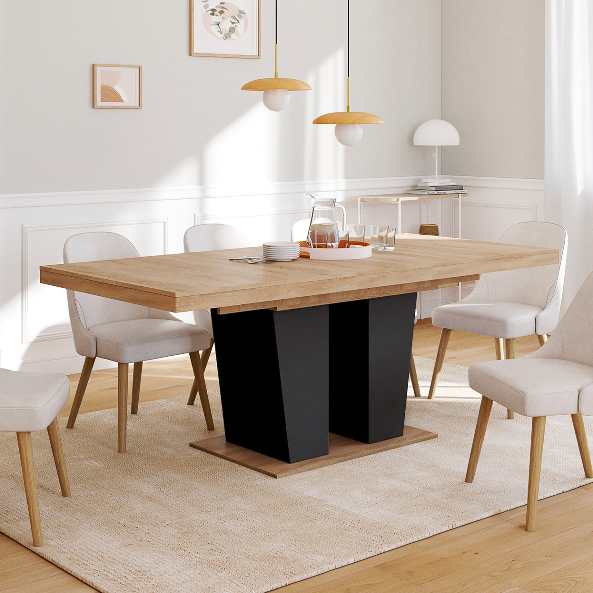 Voir la diapositive 2 : ID MARKET Table à manger extensible rectangle eliad 6-10 personnes bois et noir 160-200 cm