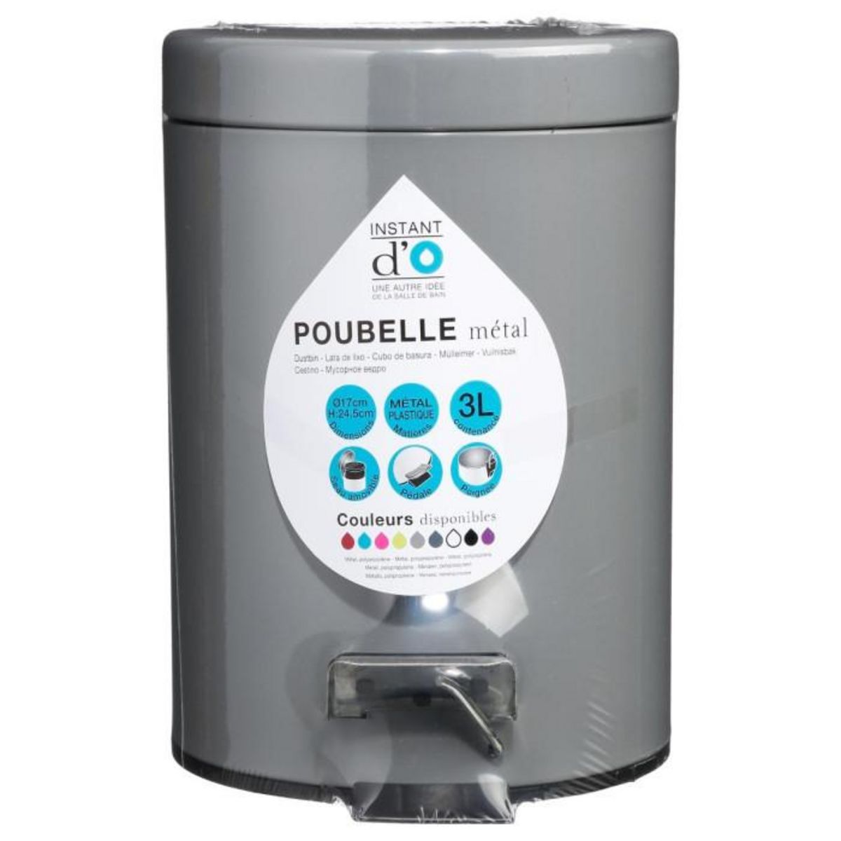 FIVE Poubelle de Salle de Bain  Métal  3L Gris