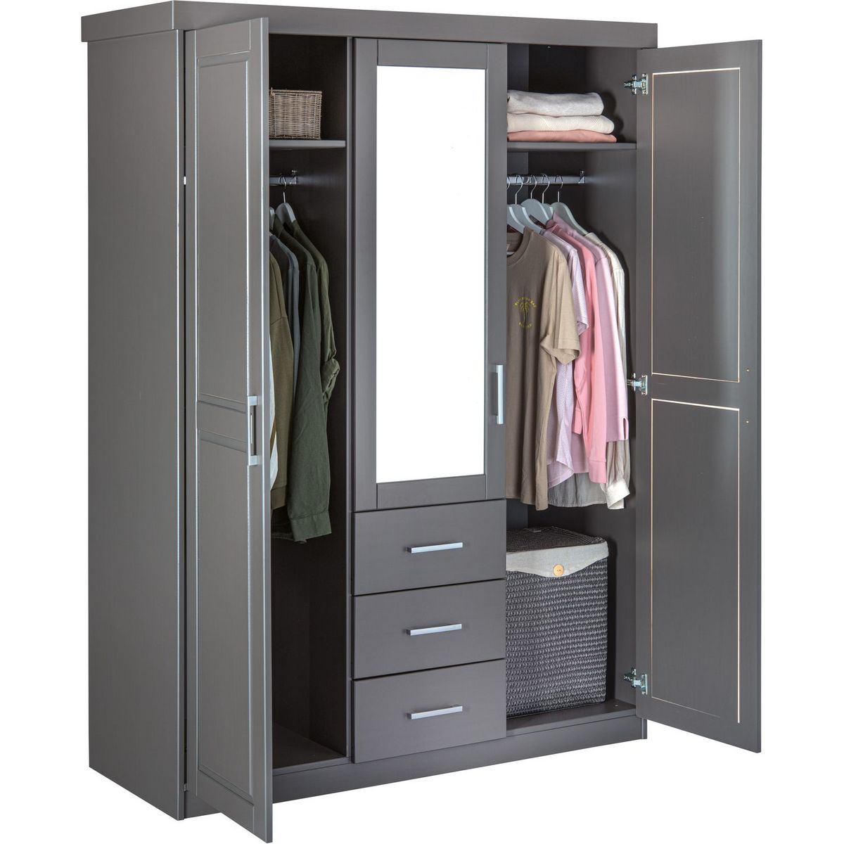 Armoire en  pin massif  3 tiroirs 3 portes +  miroir L140cm  GERALD