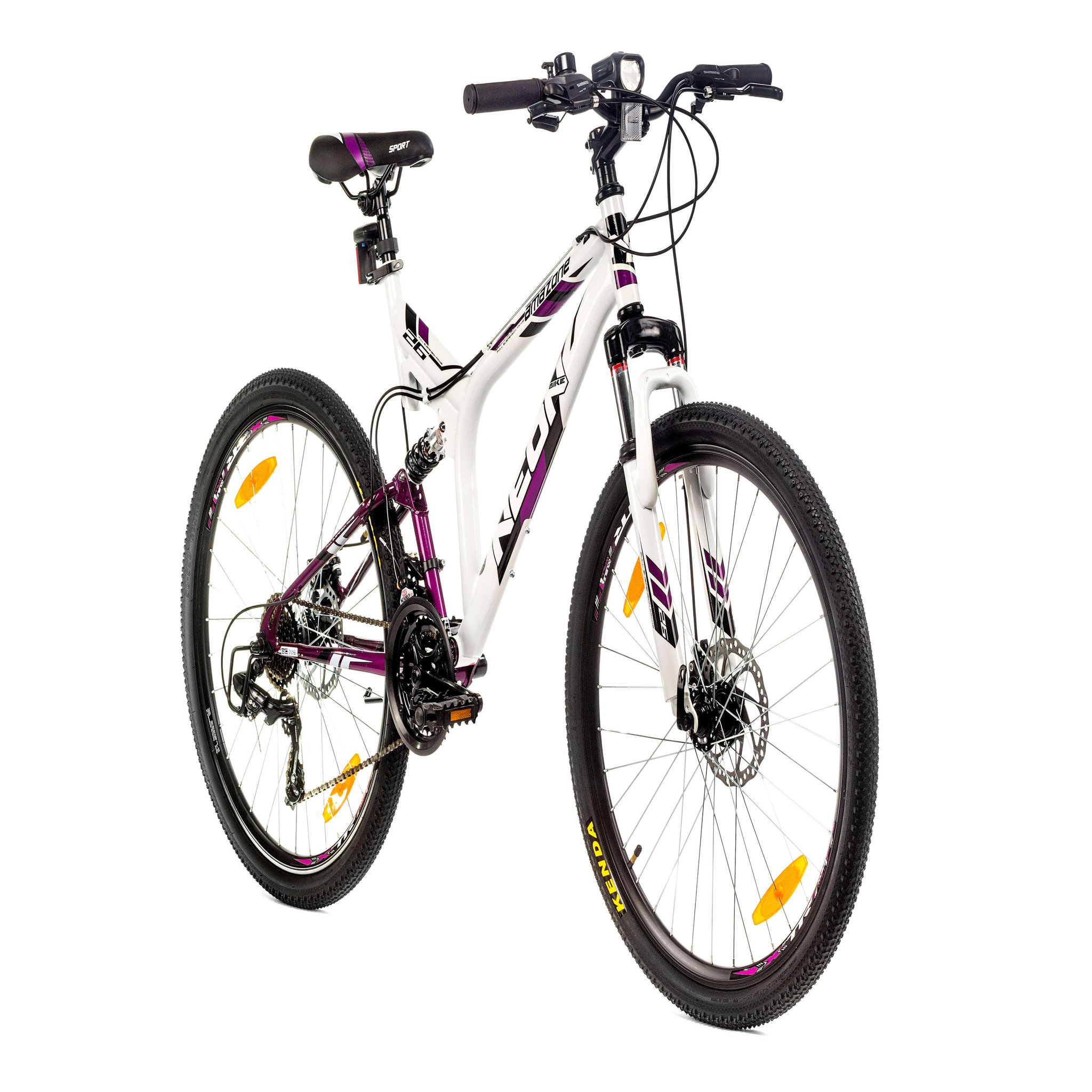 Voir la diapositive 2 : Vélo VTT 26'' Tout Suspendu Femme   Amazone / Neon   - Cadre acier - Double Freins à Disque - Potence Head set - Dérailleur arrière  Shimano Tourney TY300 - Poignées à Gâchettes Shimano ST-EF500