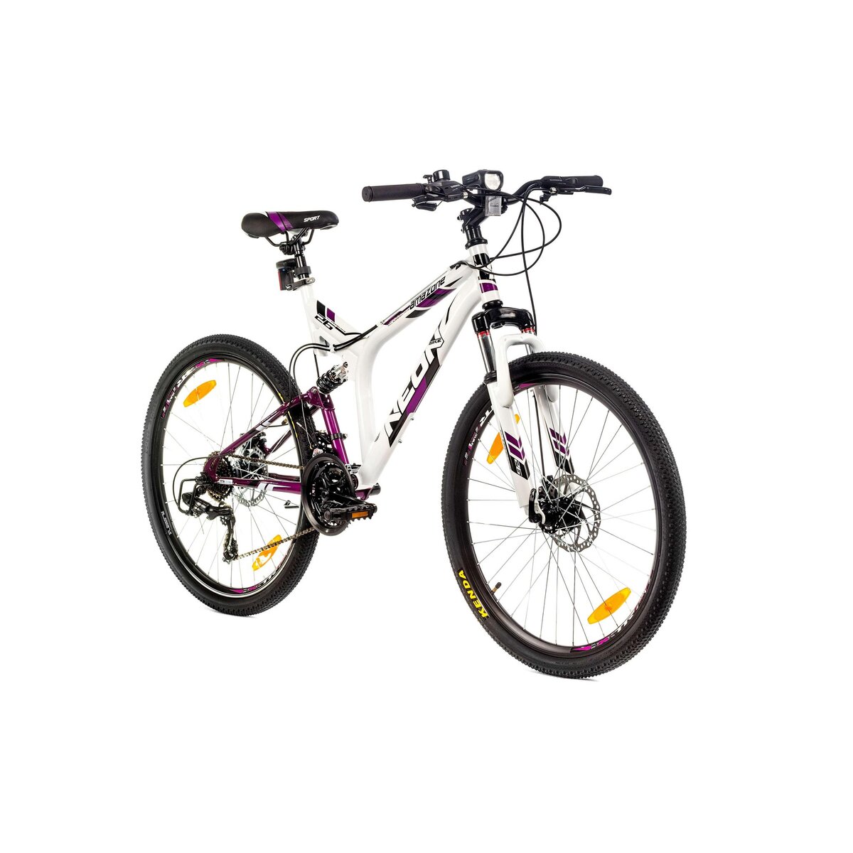 Vélo VTT 26'' Tout Suspendu Femme   Amazone / Neon   - Cadre acier - Double Freins à Disque - Potence Head set - Dérailleur arrière  Shimano Tourney TY300 - Poignées à Gâchettes Shimano ST-EF500