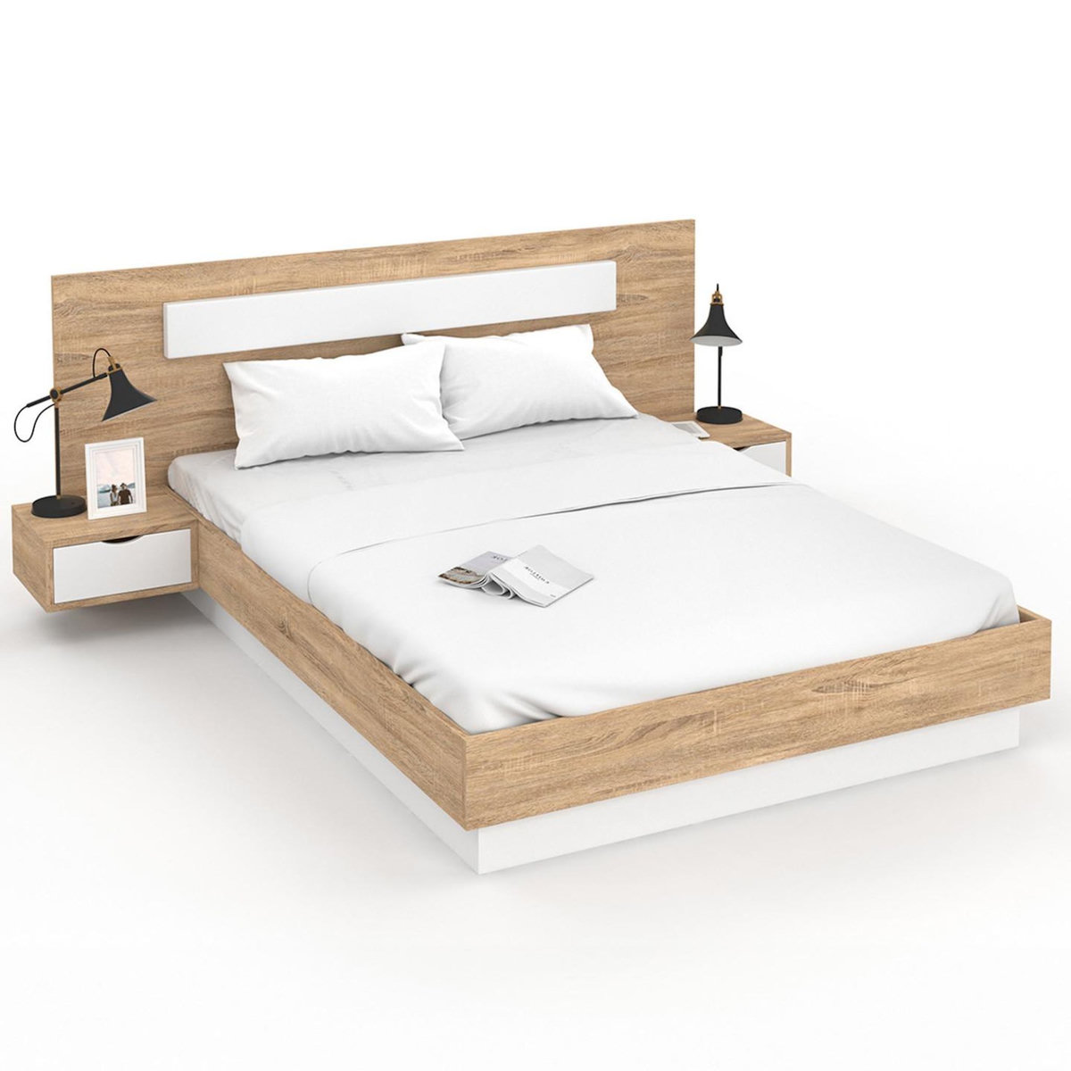 ID MARKET Lit double SANTA avec tête de lit + tables de chevet intégrées et sommier 140 x 190 cm bois et blanc