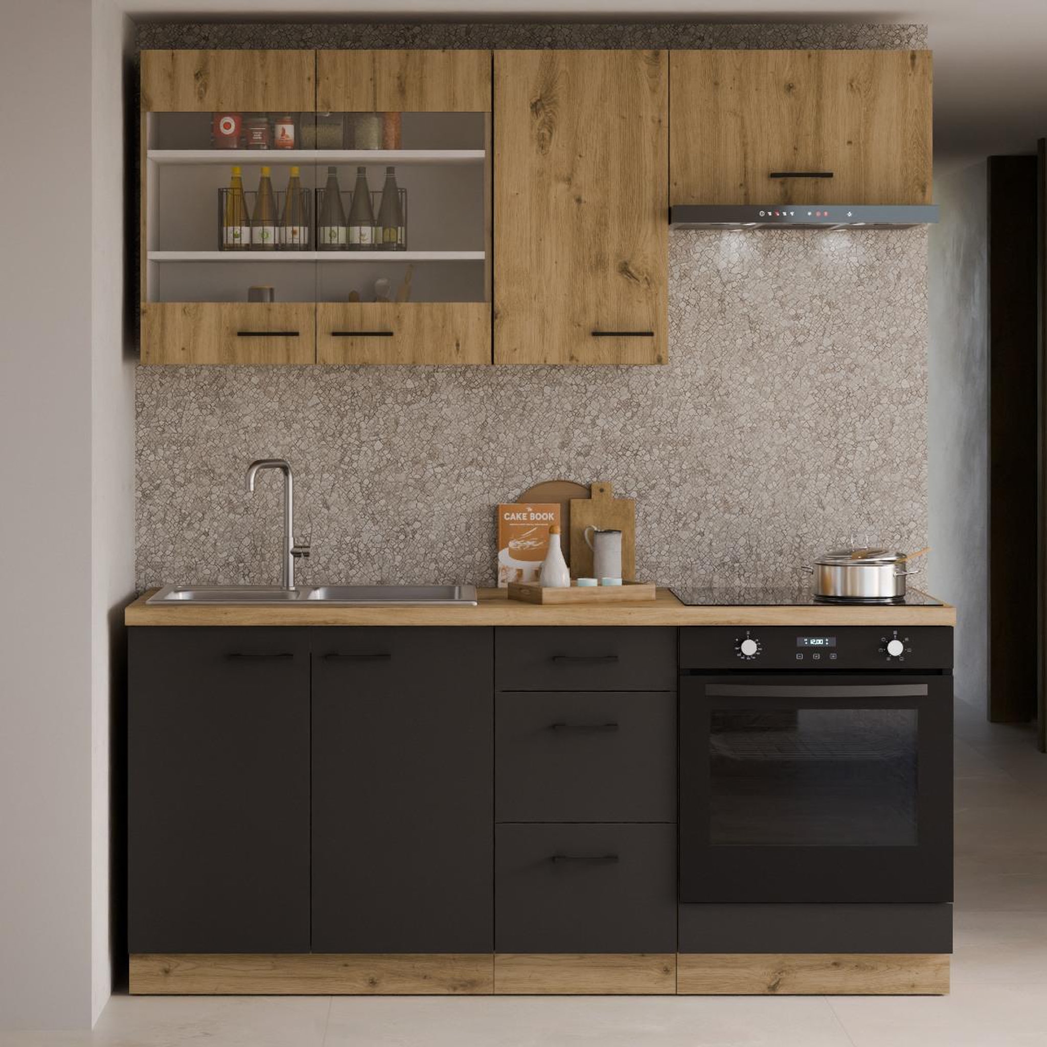 Voir la diapositive 2 : JLC KREATION Cuisine complète moderne noir et bois 180cm ODESSA