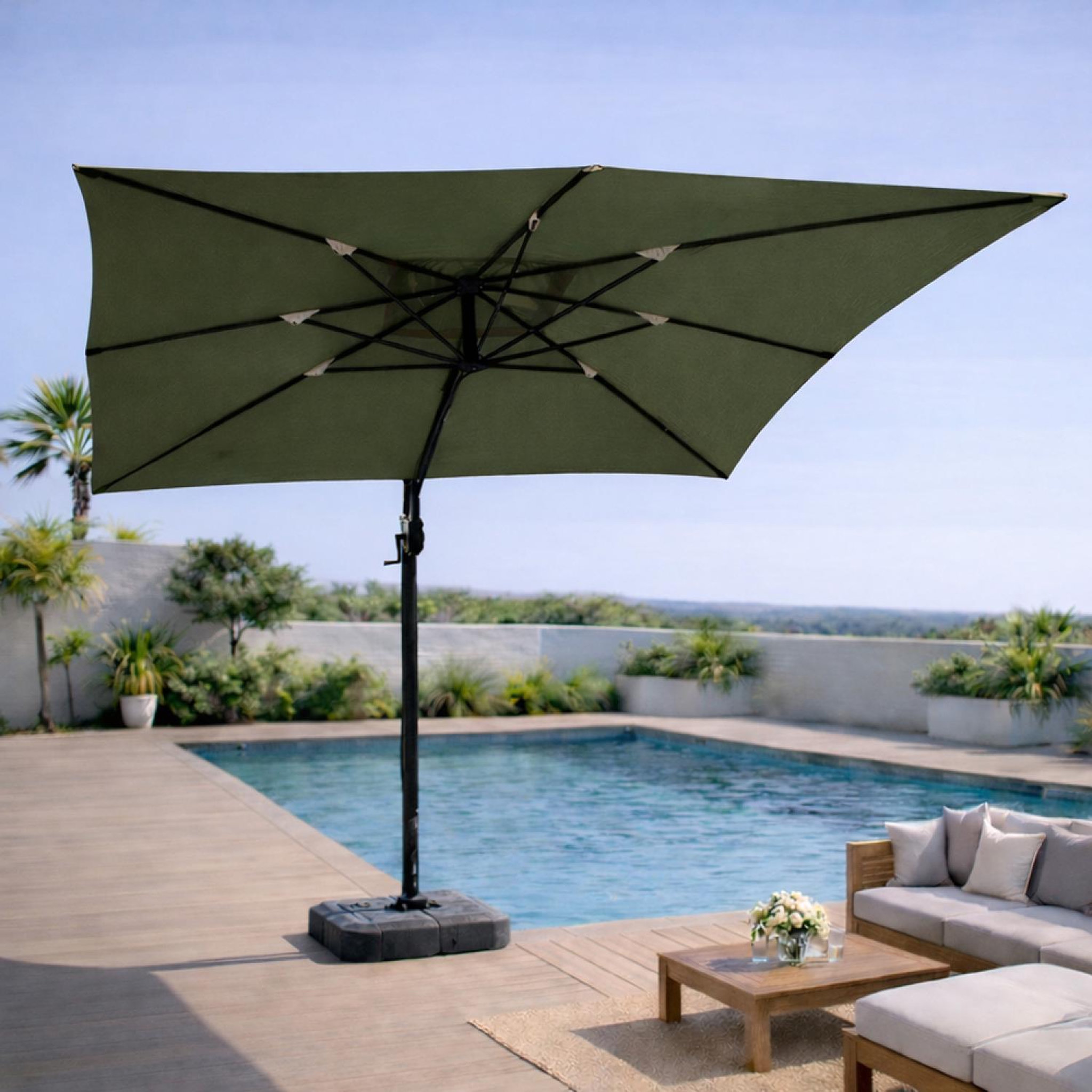 Voir la diapositive 5 : CONCEPT USINE Parasol rectangulaire 3x4m déporté rotatif vert en aluminium CESARE