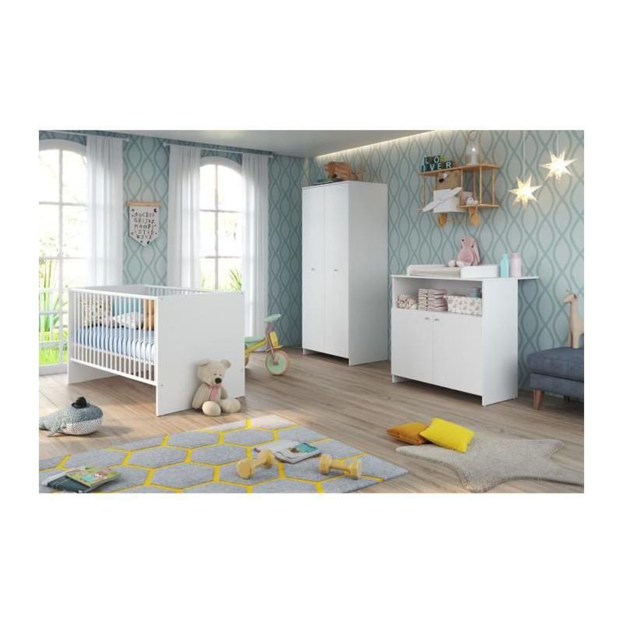 Voir la diapositive 5 : TREND TEAM NIKO Chambre bebe complete : lit 70x140cm + commode a langer + armoire - blanc